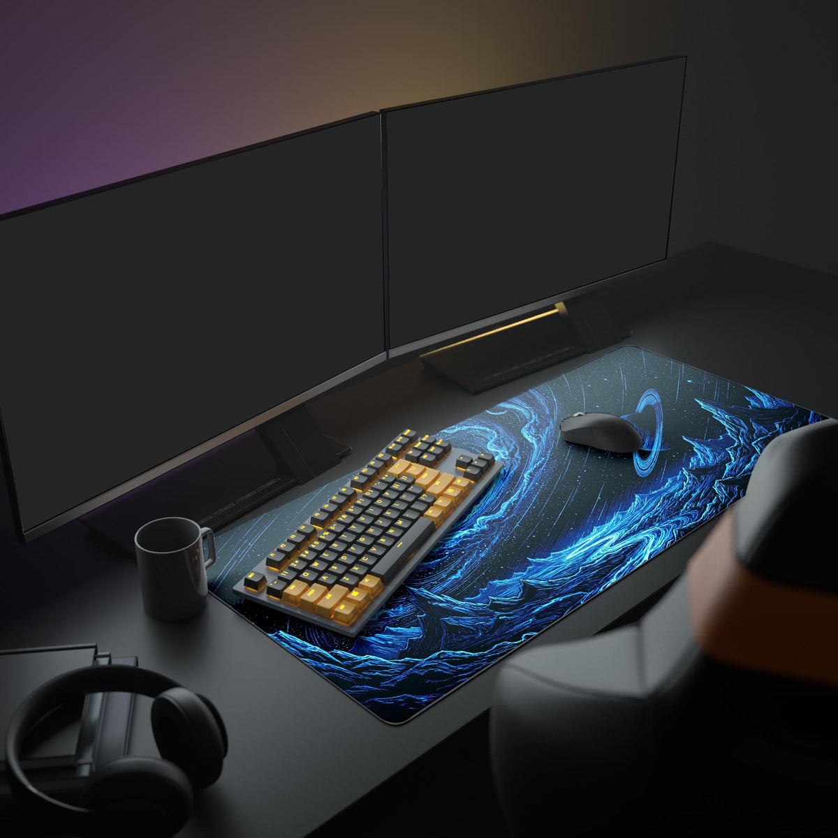 Close-up of the desk mat showing intricate blue cosmic dust, bright stars, and the textured alien mountain range.