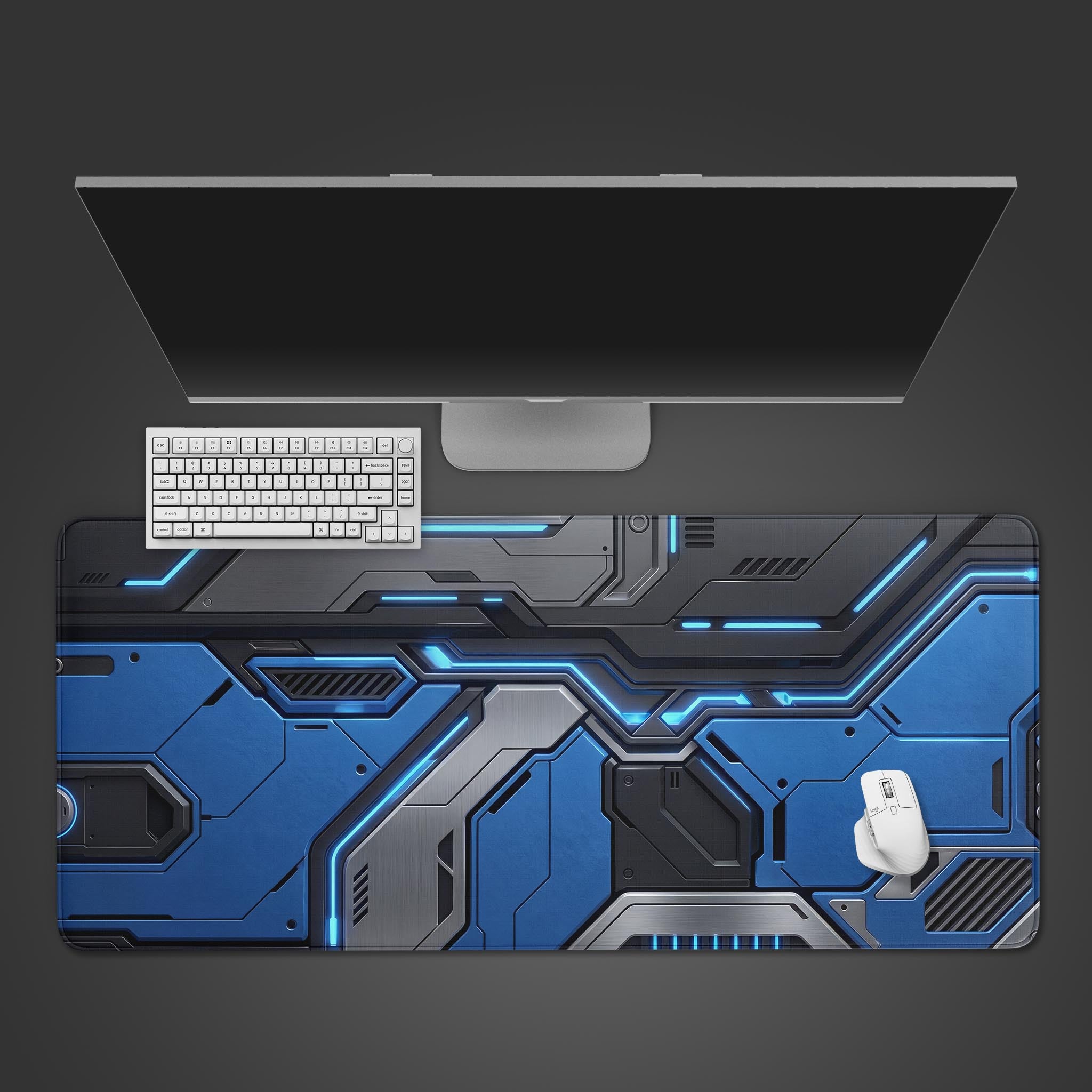 Top-down view of the Blue Protocol gaming desk mat, featuring a futuristic blue and gray armor design, with a white keyboard and mouse arranged on top. - Epic Design Pads & Mousepads