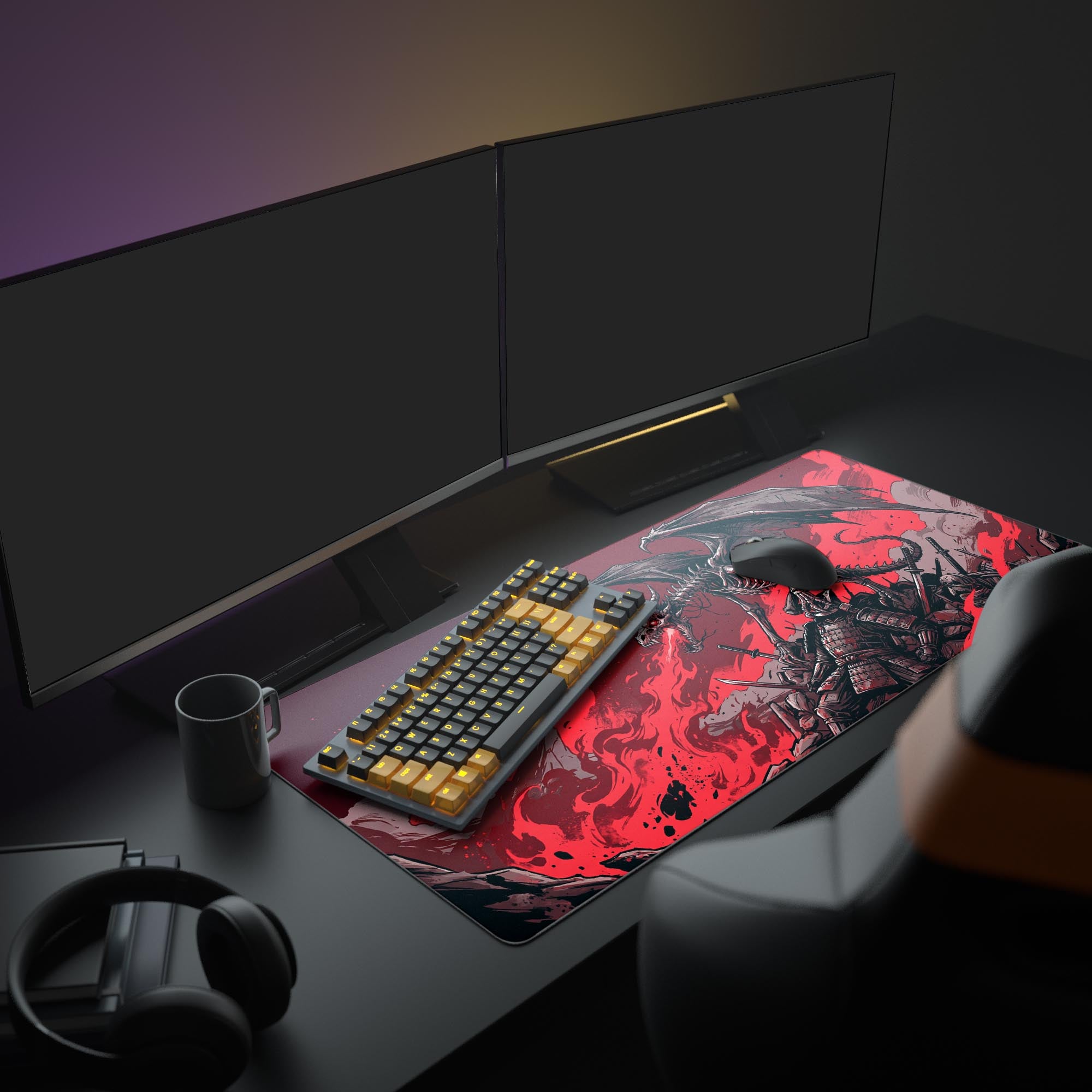 A full gaming PC setup featuring the Bone Tyrant mouse pad, with its red and black dragon design creating a dark fantasy aesthetic alongside glowing monitors. - Epic Design Pads & Mousepads