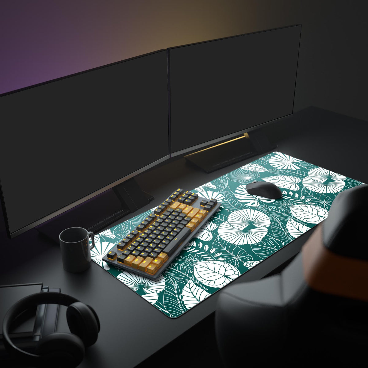 Large Botanical Teal desk mat in a home office setup with dual monitors, a plant, and headphones, creating an aesthetic workspace. - Epic Design Pads
