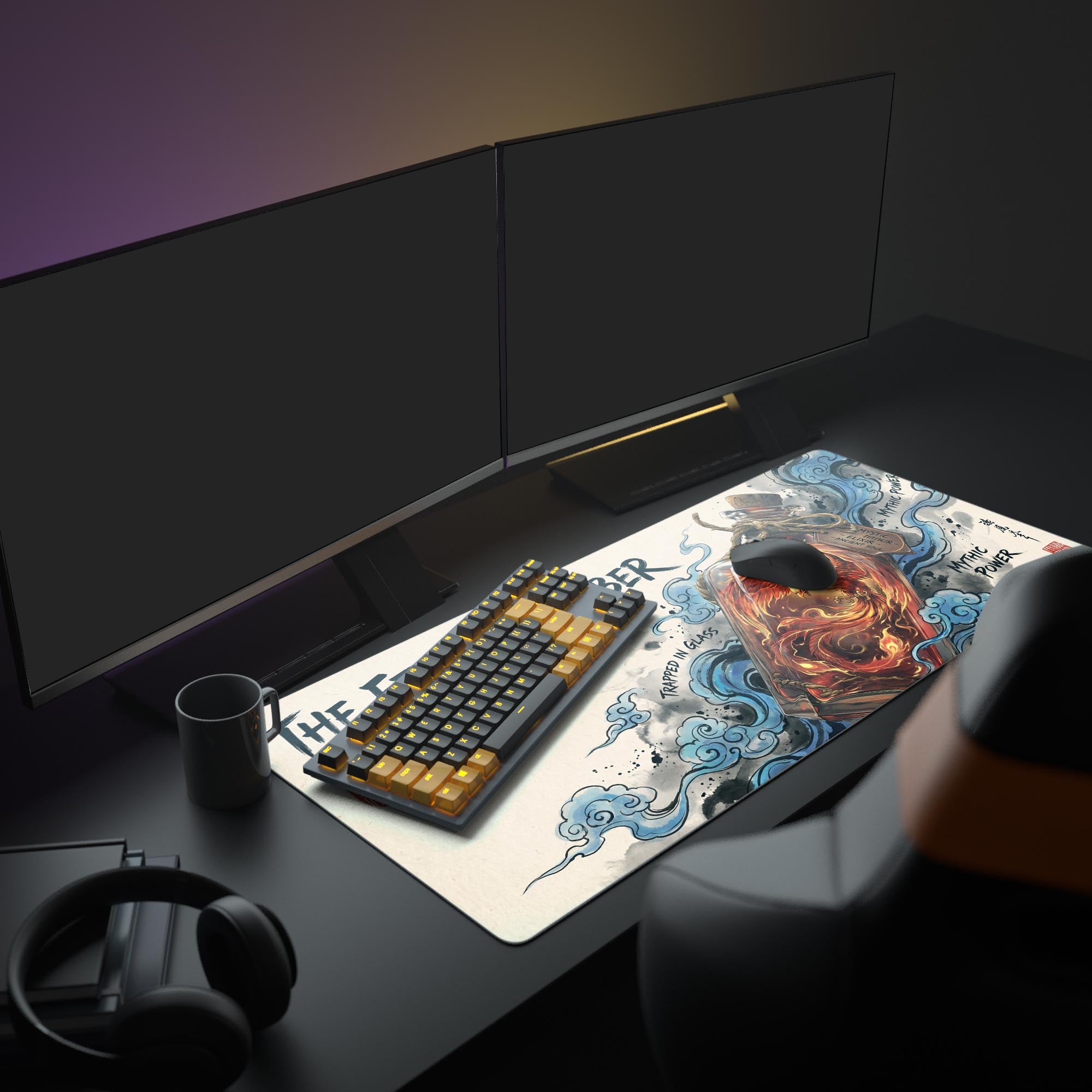 A complete PC gaming setup featuring the Bottled Phoenix mouse pad, highlighting its grand scale under multiple monitors and an illuminated keyboard. - Epic Design Pads & Mousepads