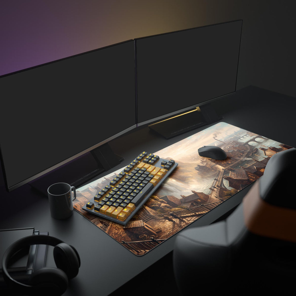 Close up of the desk mat artwork showing intricate stone buildings, arched bridges, and a roaring waterfall in warm golden light.