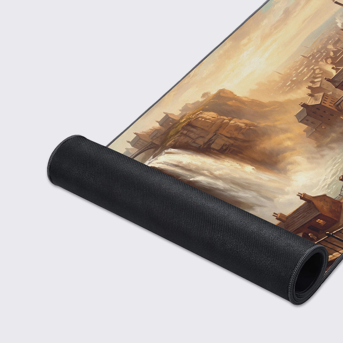 Details of the industrial town illustration on the mouse pad, highlighting smokestacks, riverbanks, and tiny figures on the streets.