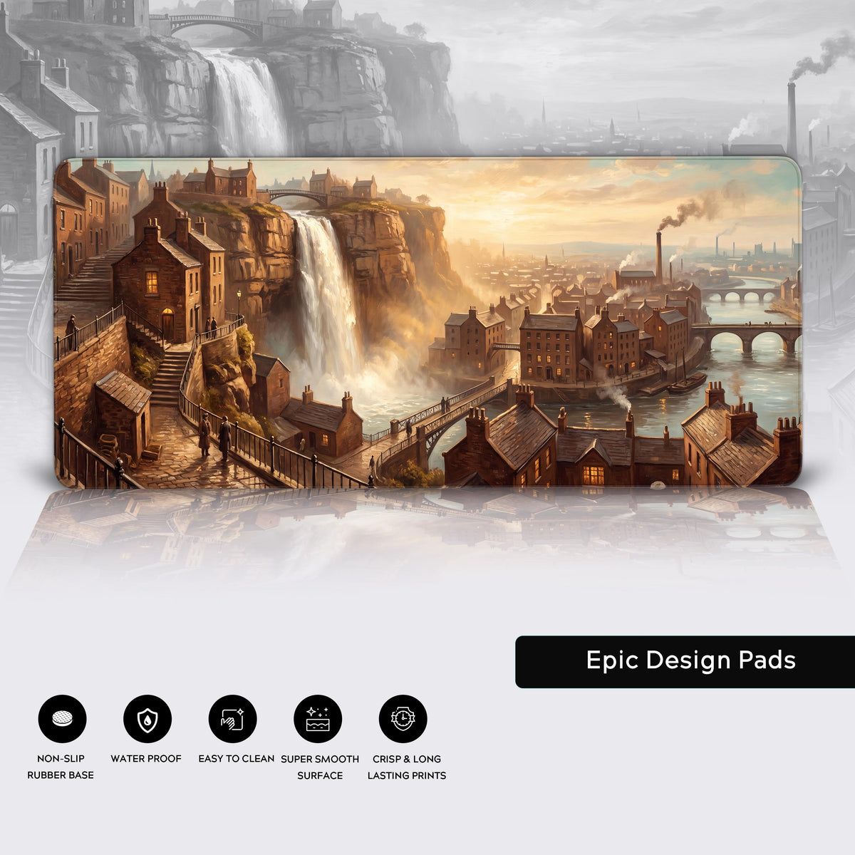 Full view of the brown waterfall cityscape desk mat showcasing the dramatic cliffside architecture and glowing sunset.