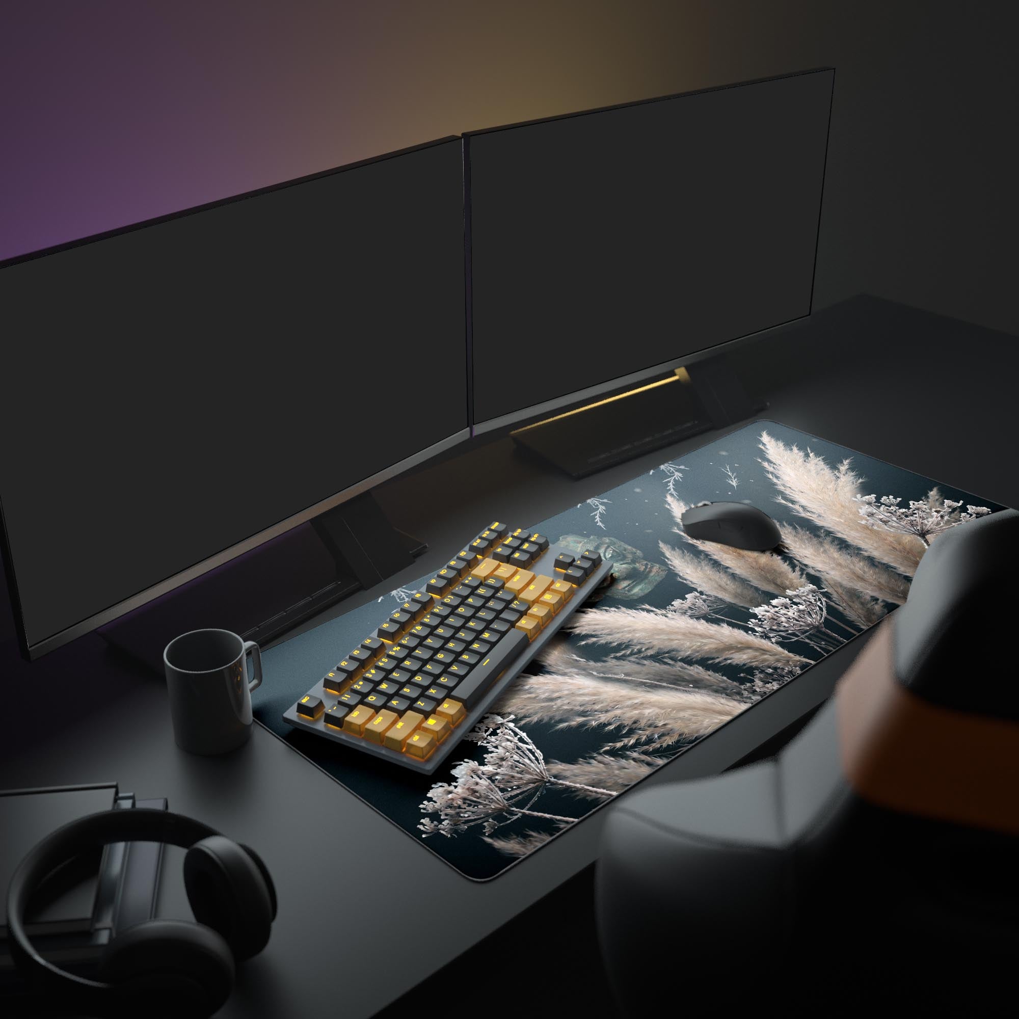 Close-up of highly detailed Sanxingdui style relic design on a dark gaming mouse pad