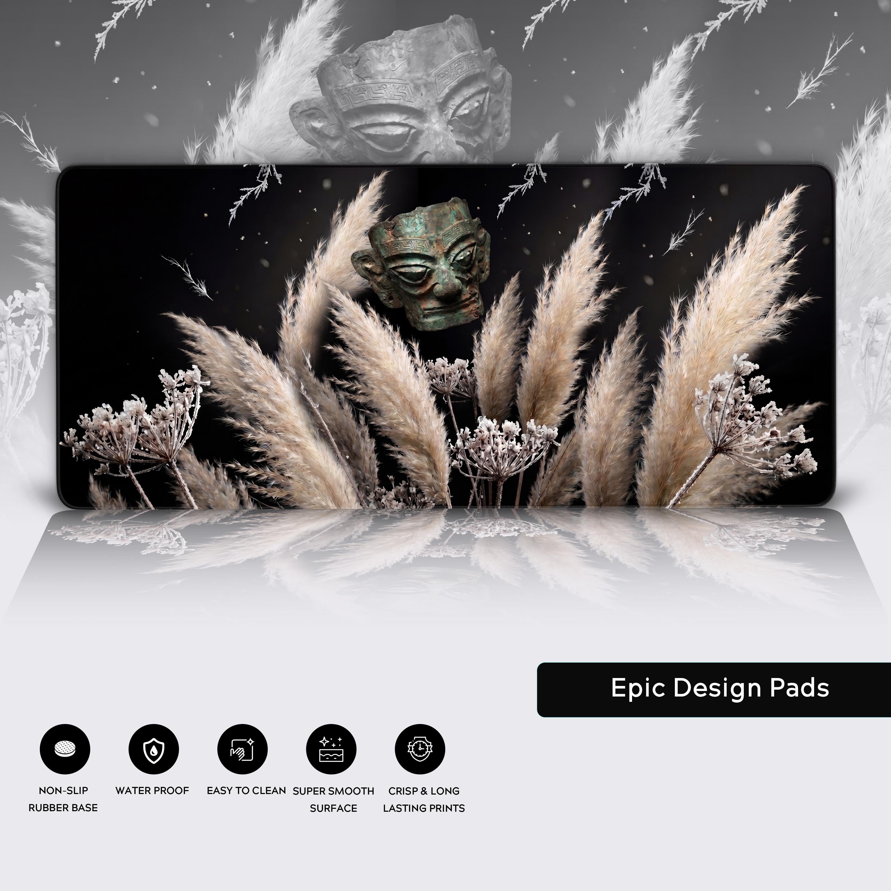 Epic design pad featuring waterproof, non-slip, and anti-fray icons beneath a bronze relic aesthetic
