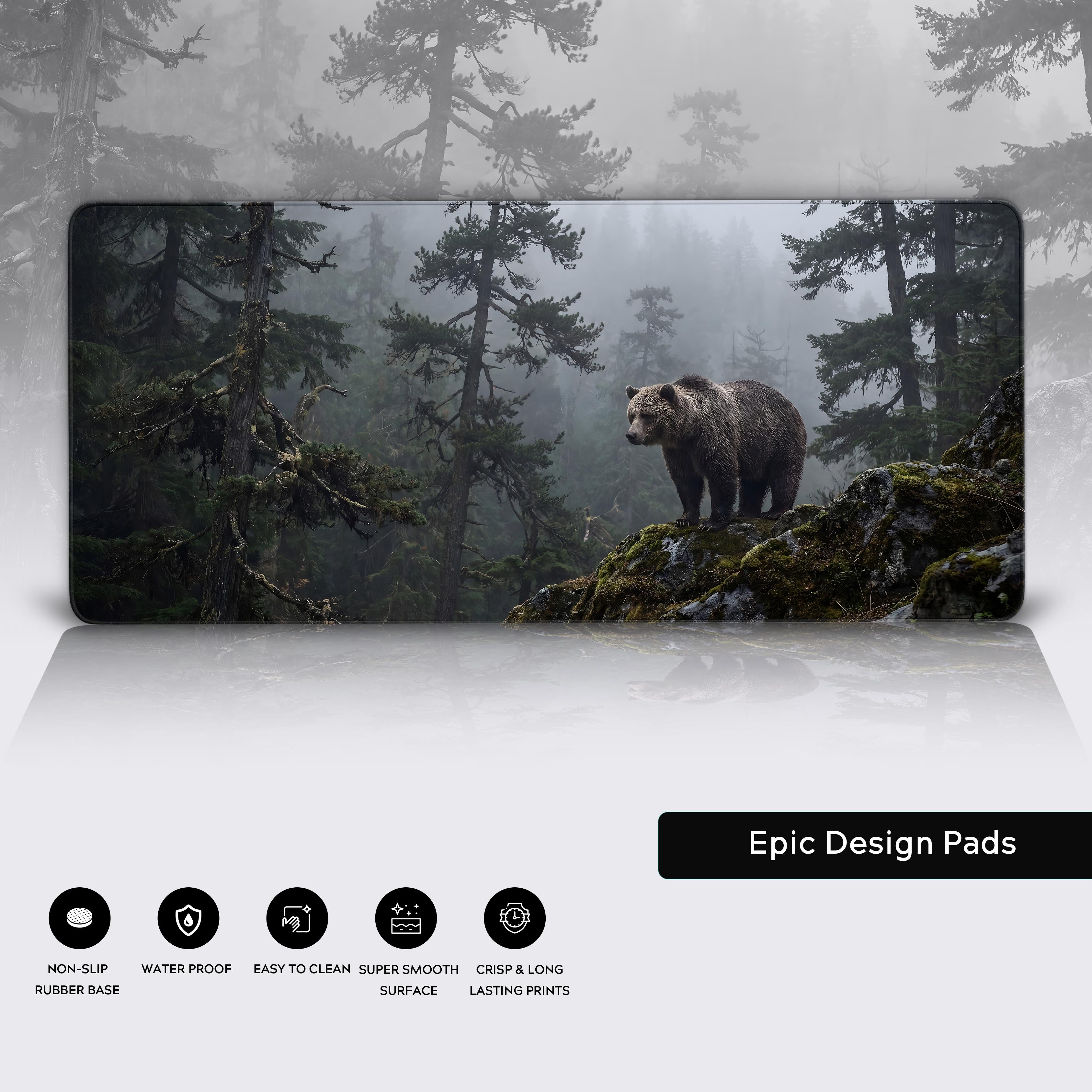 Epic Design Pads desk mat with non-slip rubber base and edge-to-edge grizzly bear forest artwork.