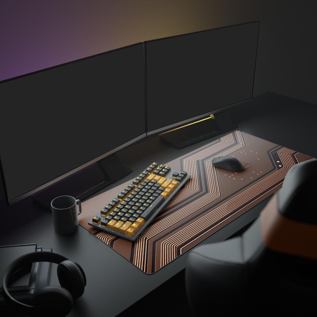 Brown circuit board mat with copper traces on a desk with two monitors, black-and-yellow keyboard, mouse, mug and headphones