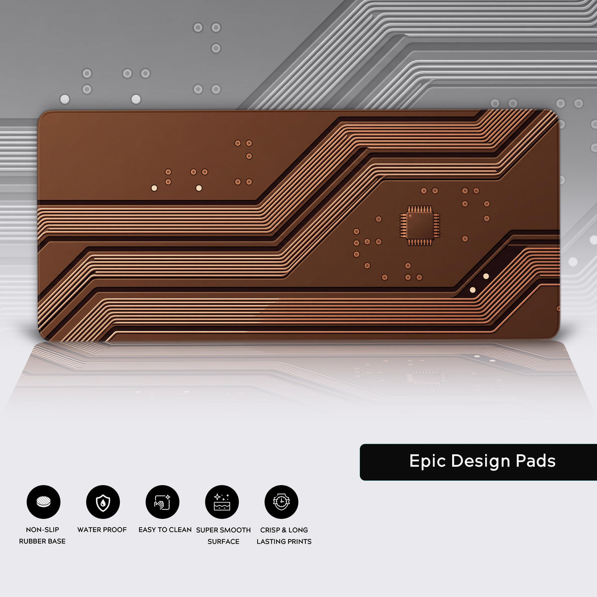 Features panel: brown circuit board mat with traces and a microchip over a grey circuit backdrop, feature icons below