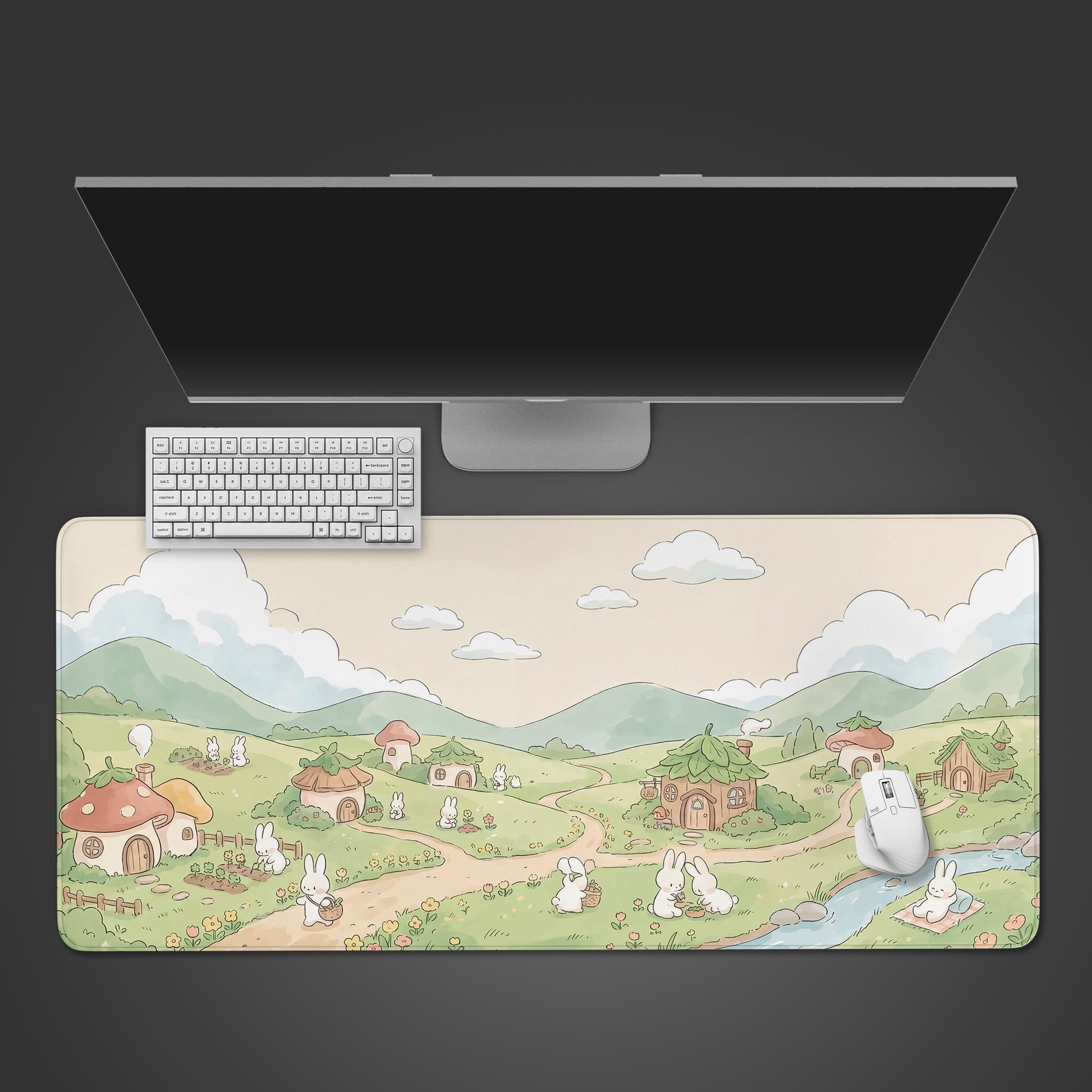 A cute kawaii desk mat featuring white bunnies in a pastel mushroom village with rolling green hills.