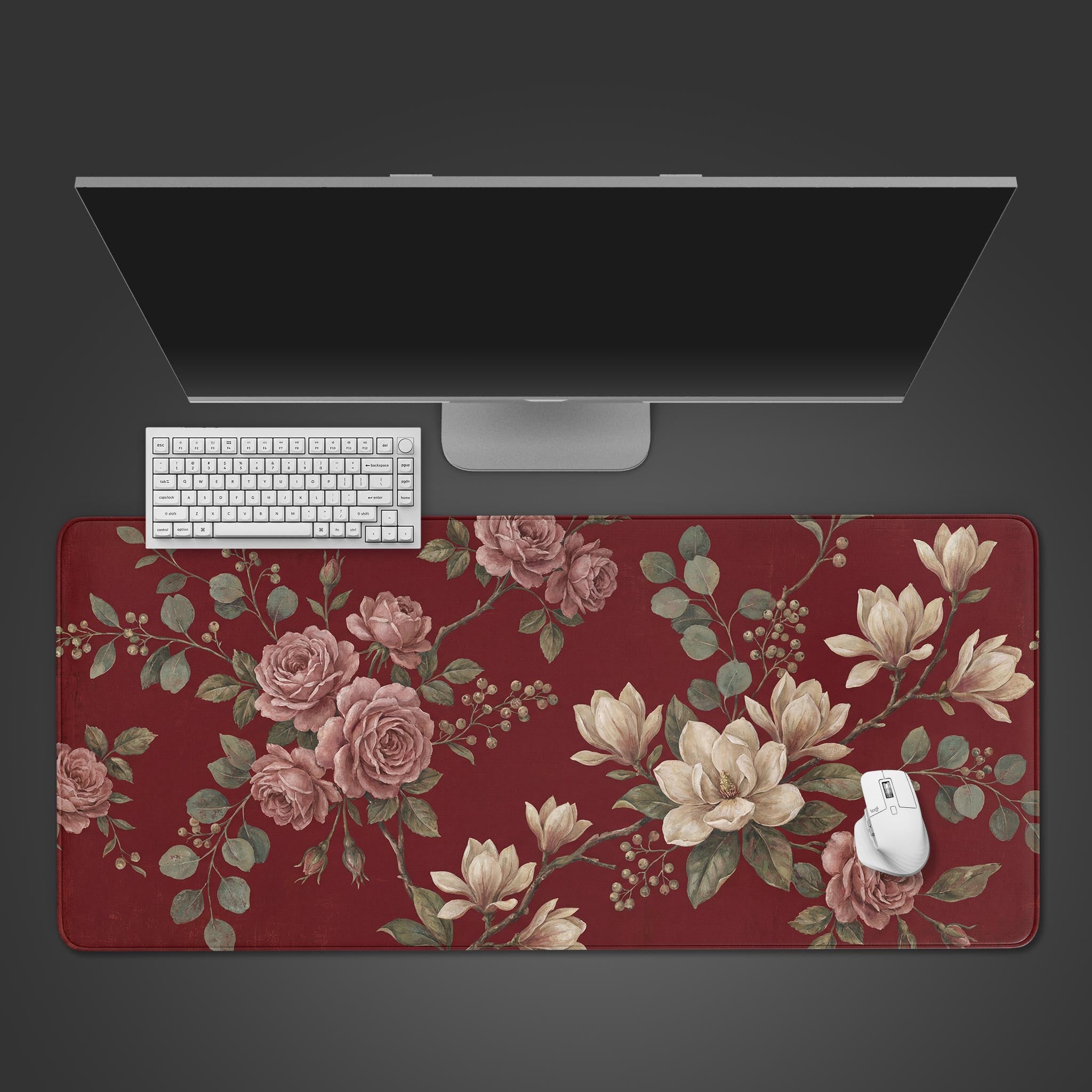 Top-down view of the Burgundy Vintage floral gaming desk mat with a white keyboard and mouse, set against a dark background to showcase its large size and elegant design. - Epic Design Pads & Mousepads