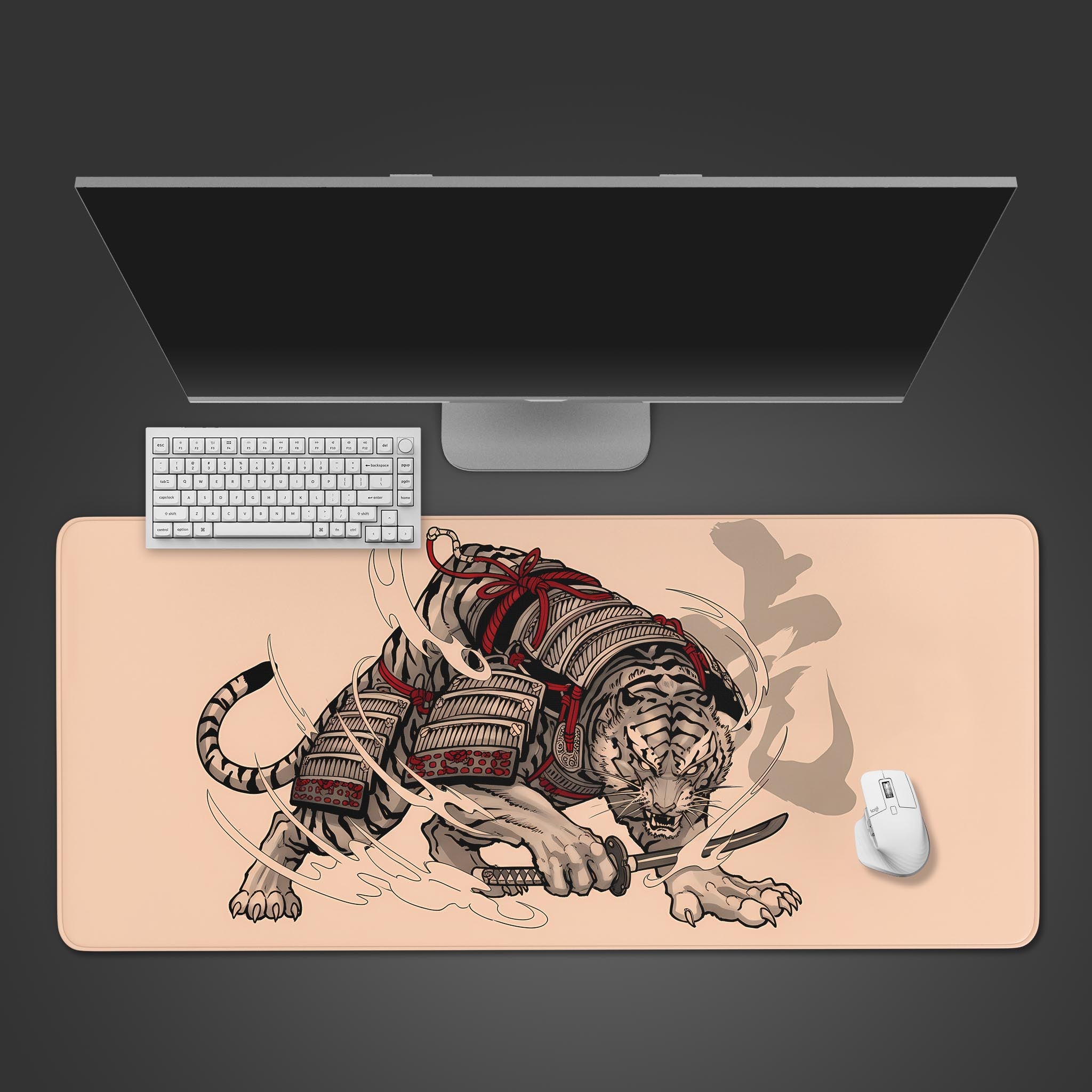 Bushido Beast Japanese desk mat with a samurai tiger design. Top-down view on a desk with a keyboard and gaming mouse. - Epic Design Pads & Mousepads