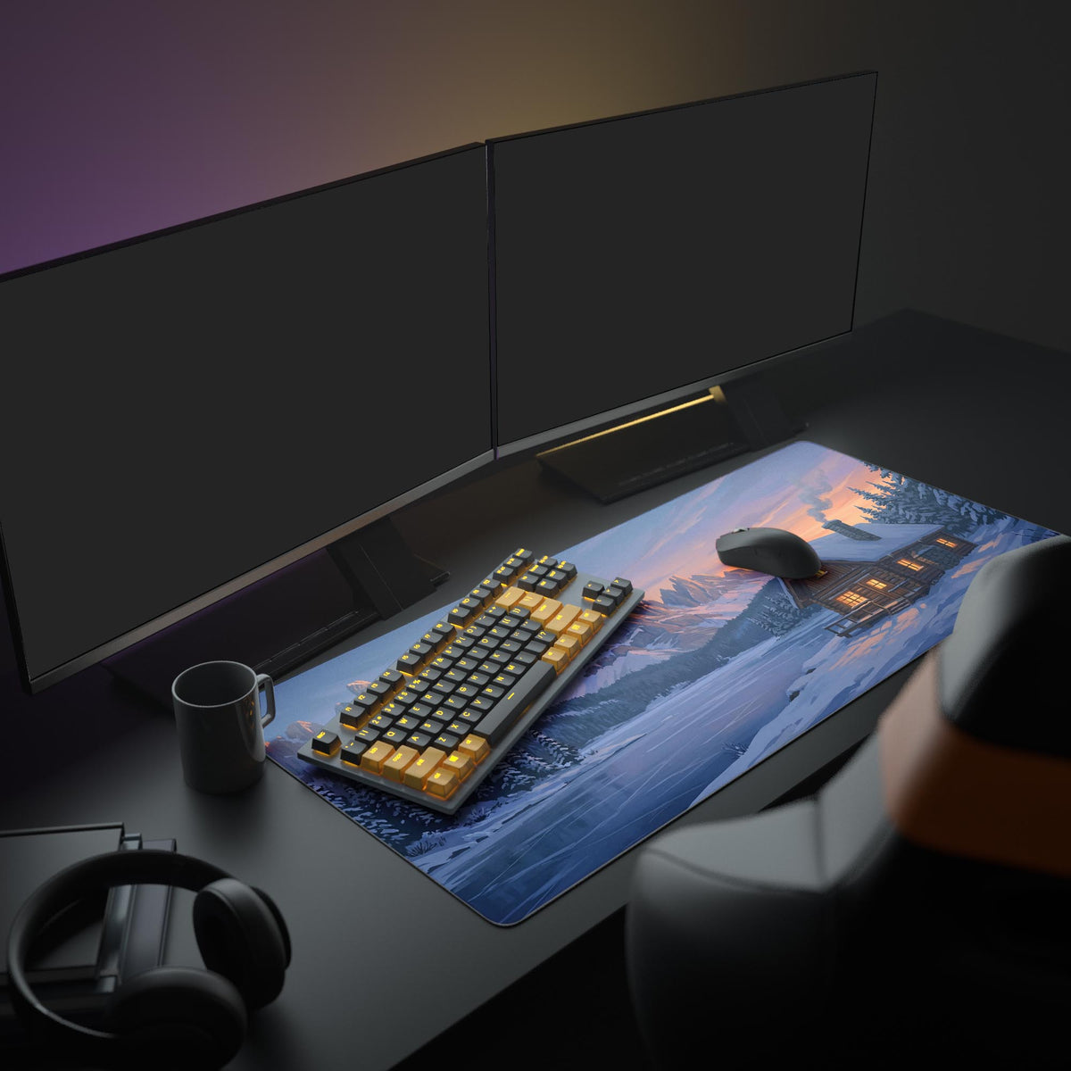 A cozy PC setup featuring the Cabin Retreat XL mouse pad, showing the winter cabin design beneath a monitor and glowing keyboard. - Epic Design Pads & Mousepads