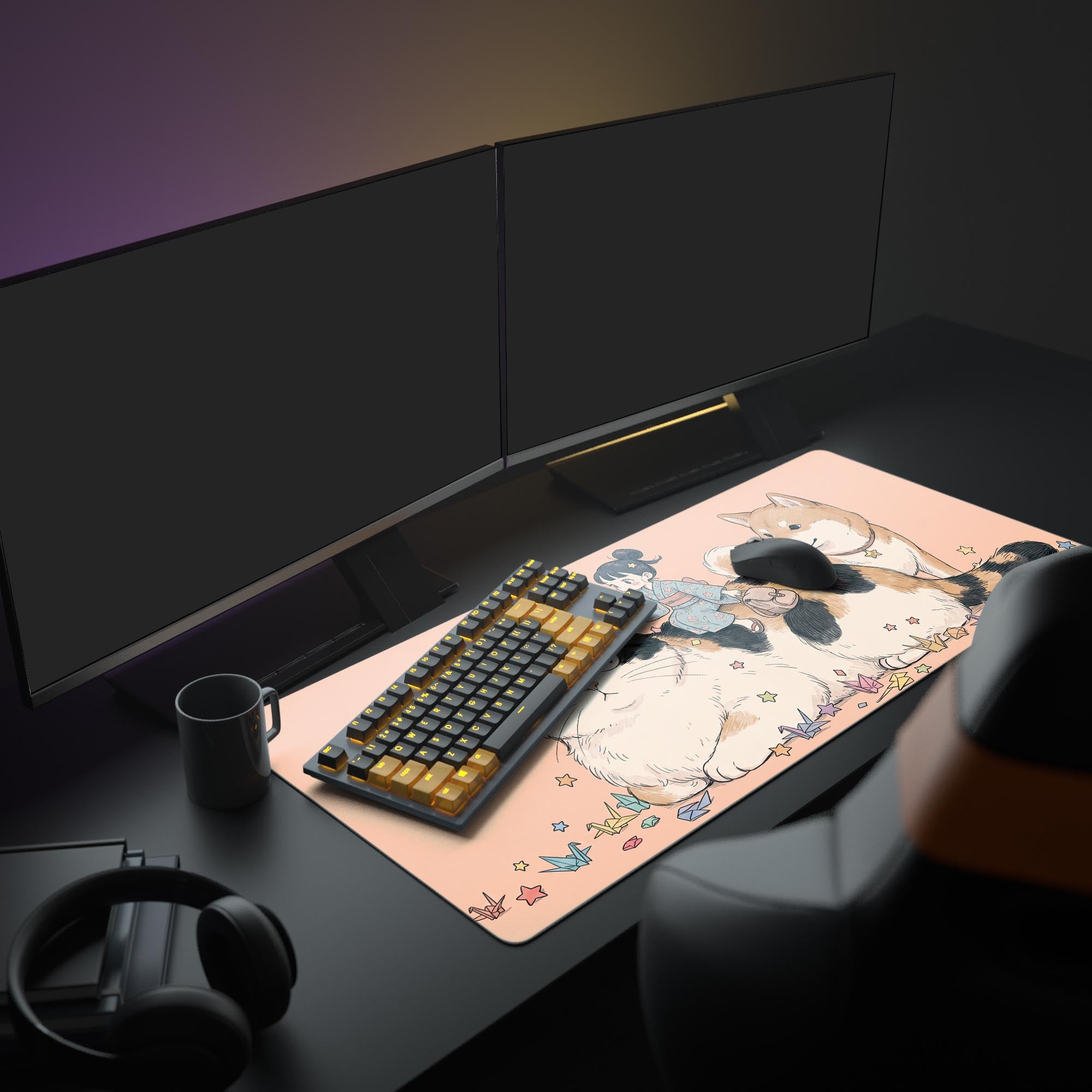 Close-up of the adorable anime-style calico cat and origami cranes on a smooth, waterproof gaming mouse pad.