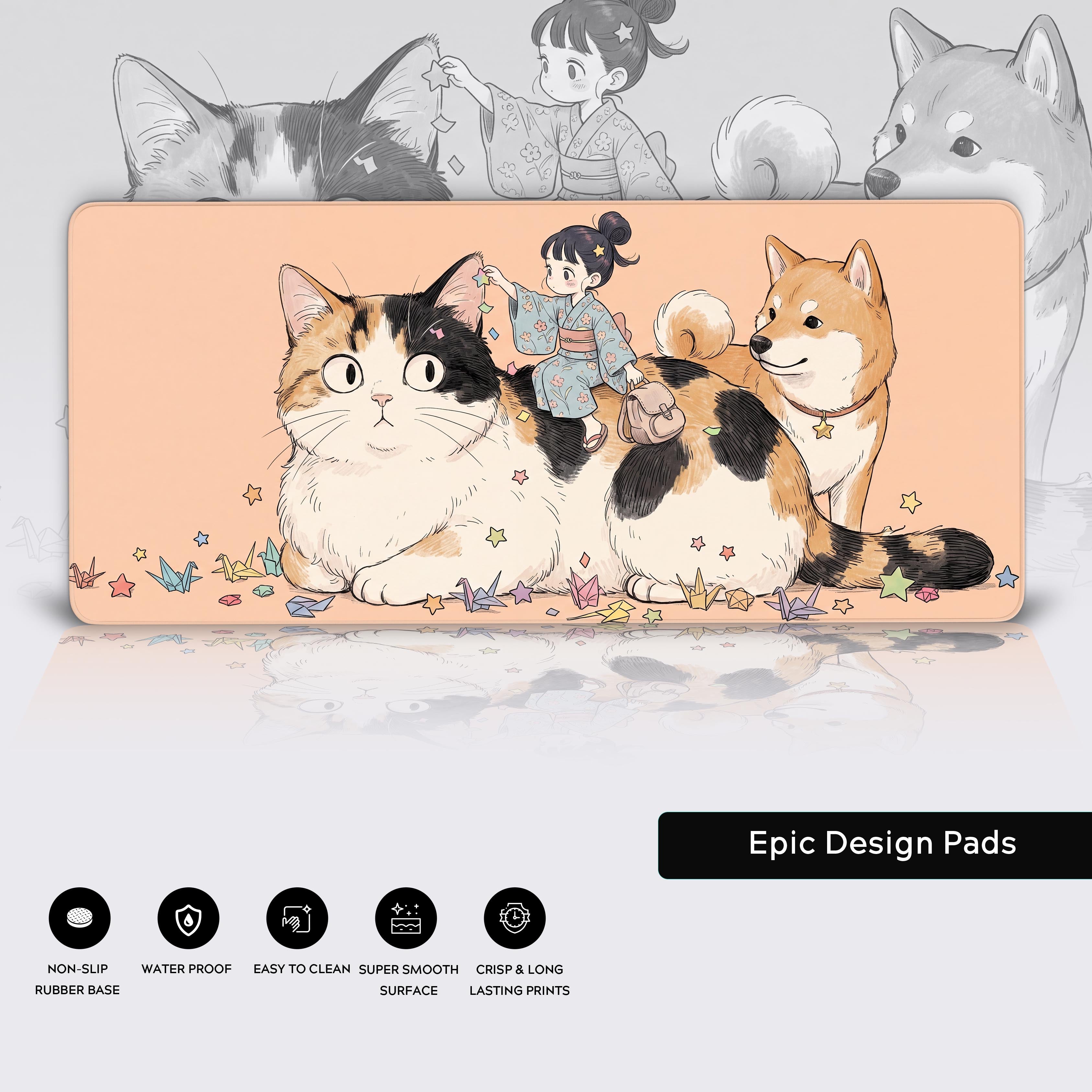 Bottom layout showing the product features: non-slip rubber base, water-proof, easy to clean, and super smooth surface icons.