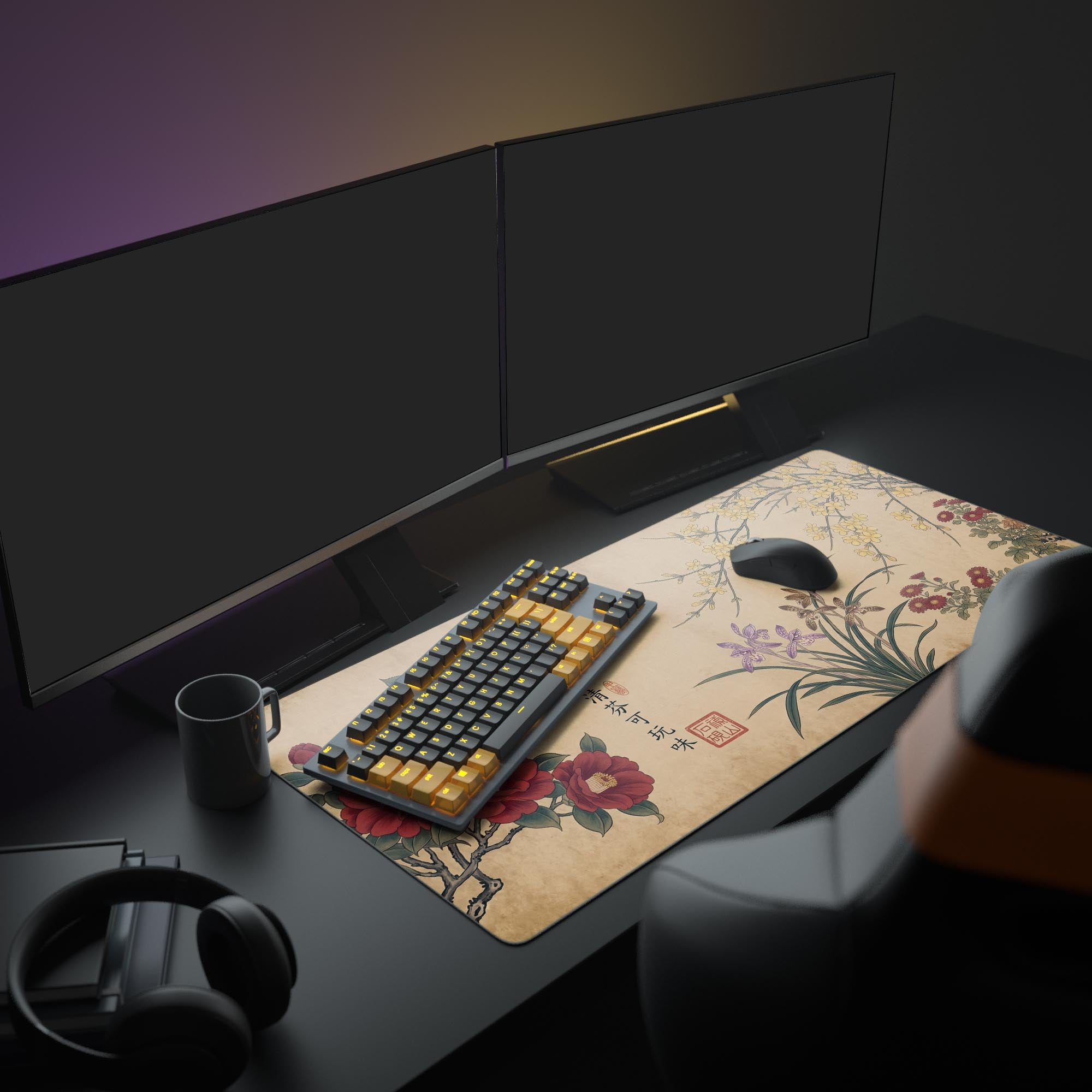 Detailed view of the super smooth desk mat surface highlighting the intricate ink wash painting of orchids and yellow blossoms.