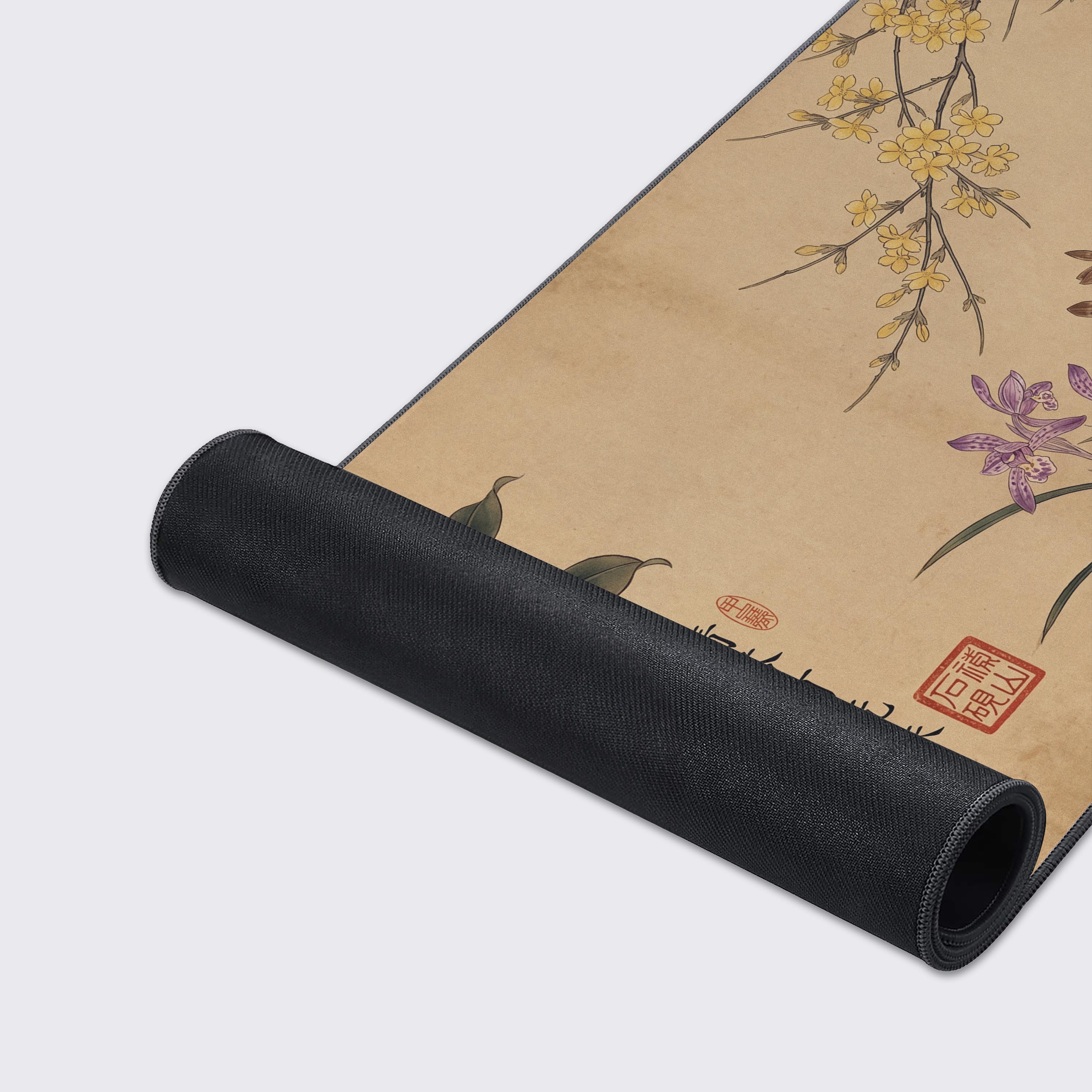 Vintage aesthetic gaming mouse pad showing crisp and long-lasting prints of traditional Asian botanical art with red seal stamps.