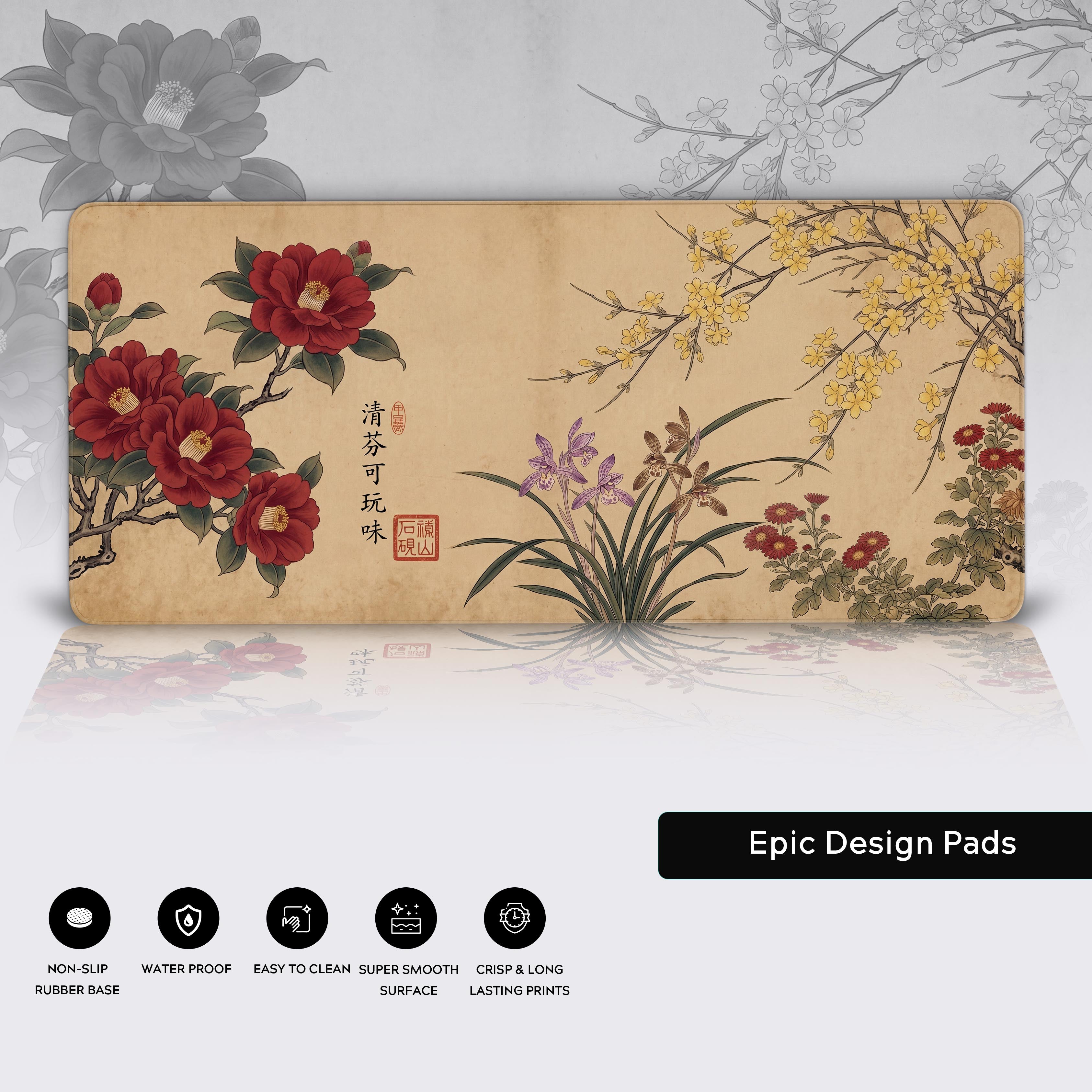 Epic Design Pads traditional floral desk mat featuring waterproof surface and non-slip rubber base icons.