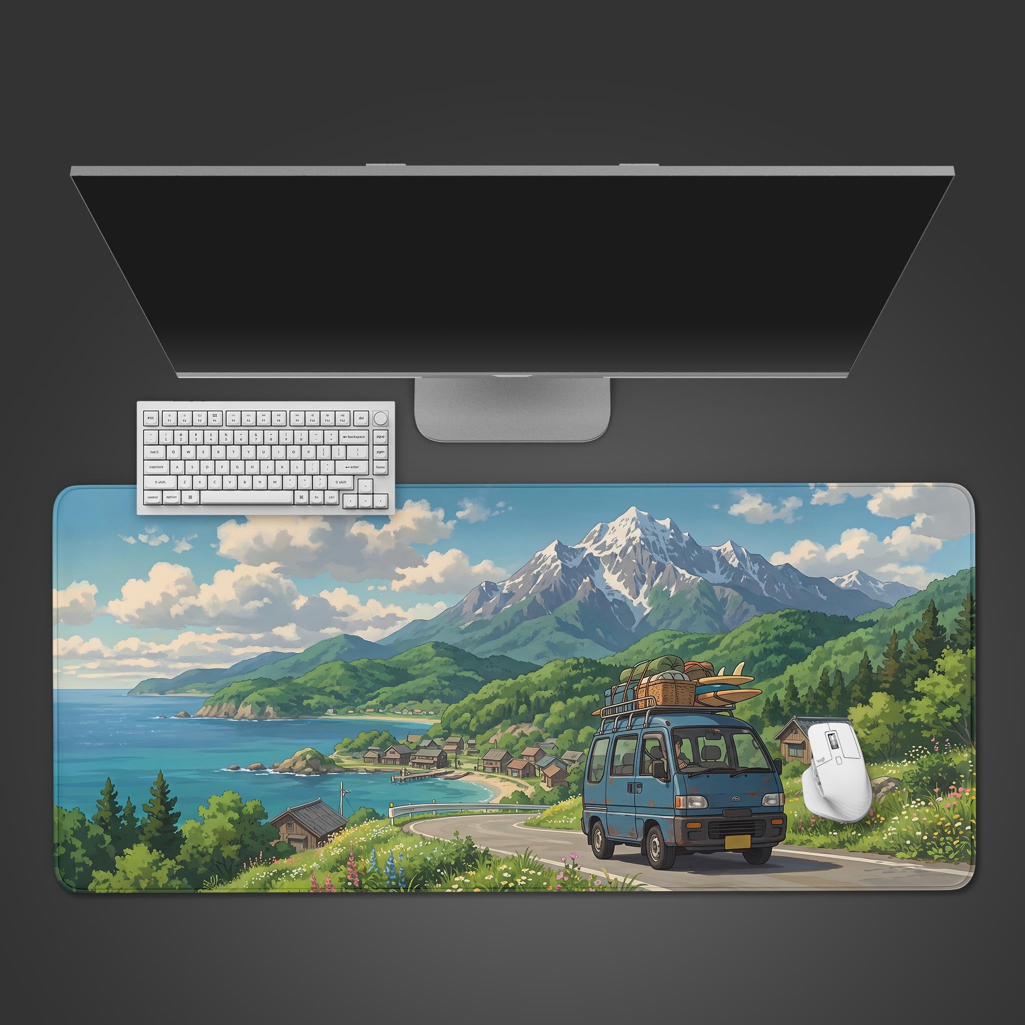 Anime style coastal road trip desk mat with retro camper van