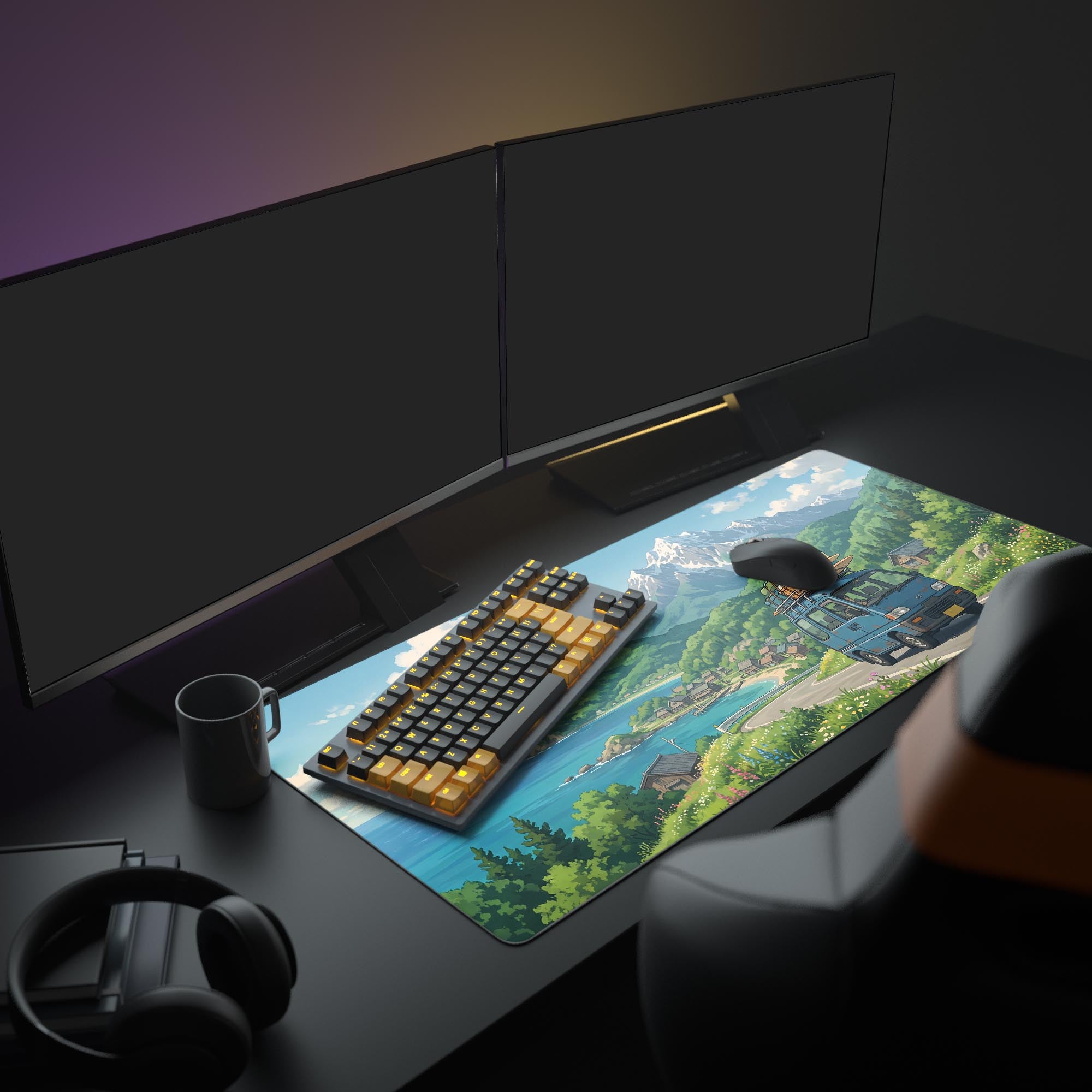 Vibrant ocean and mountain landscape gaming mouse pad