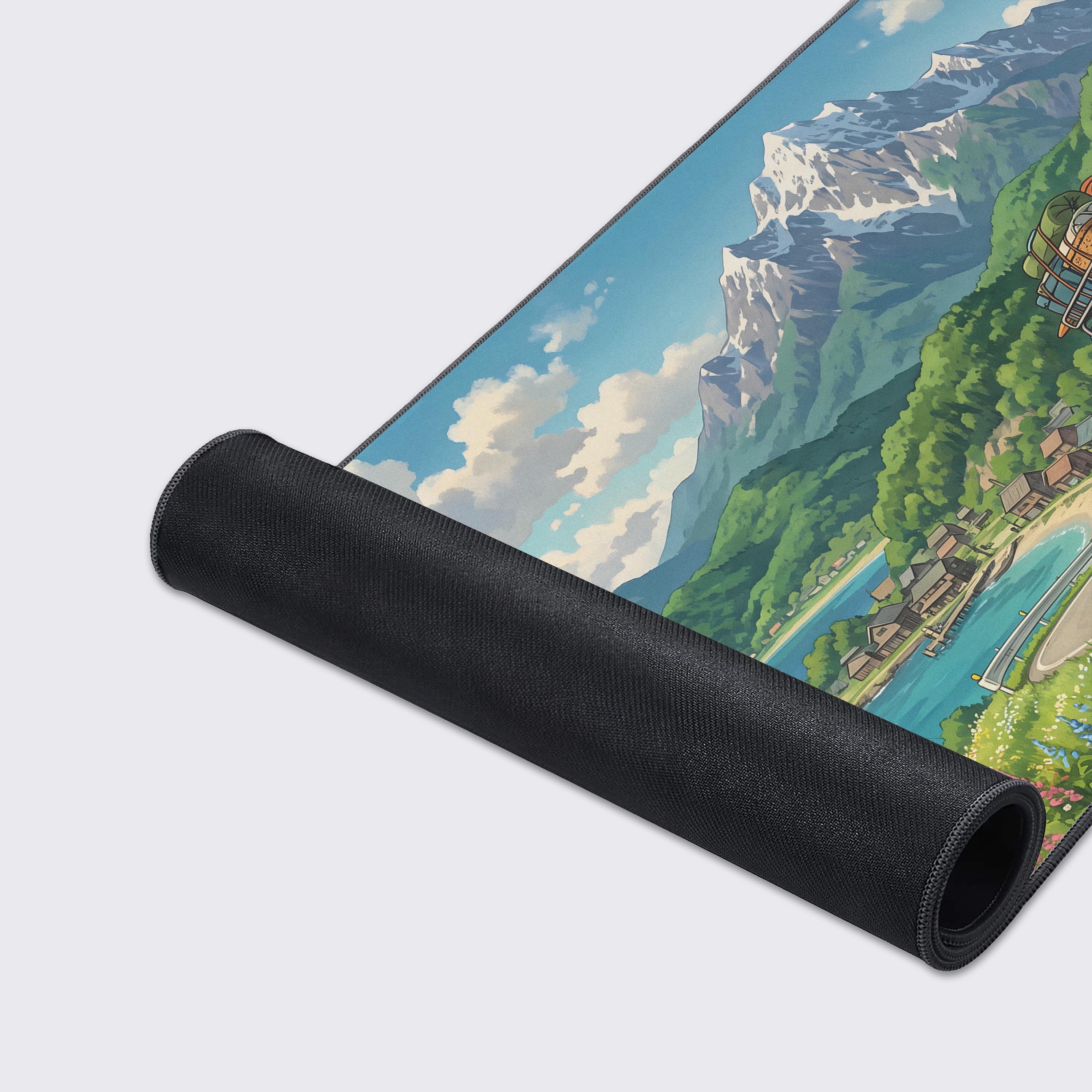 Studio Ghibli style summer scenery desk mat with surfboards on a blue van