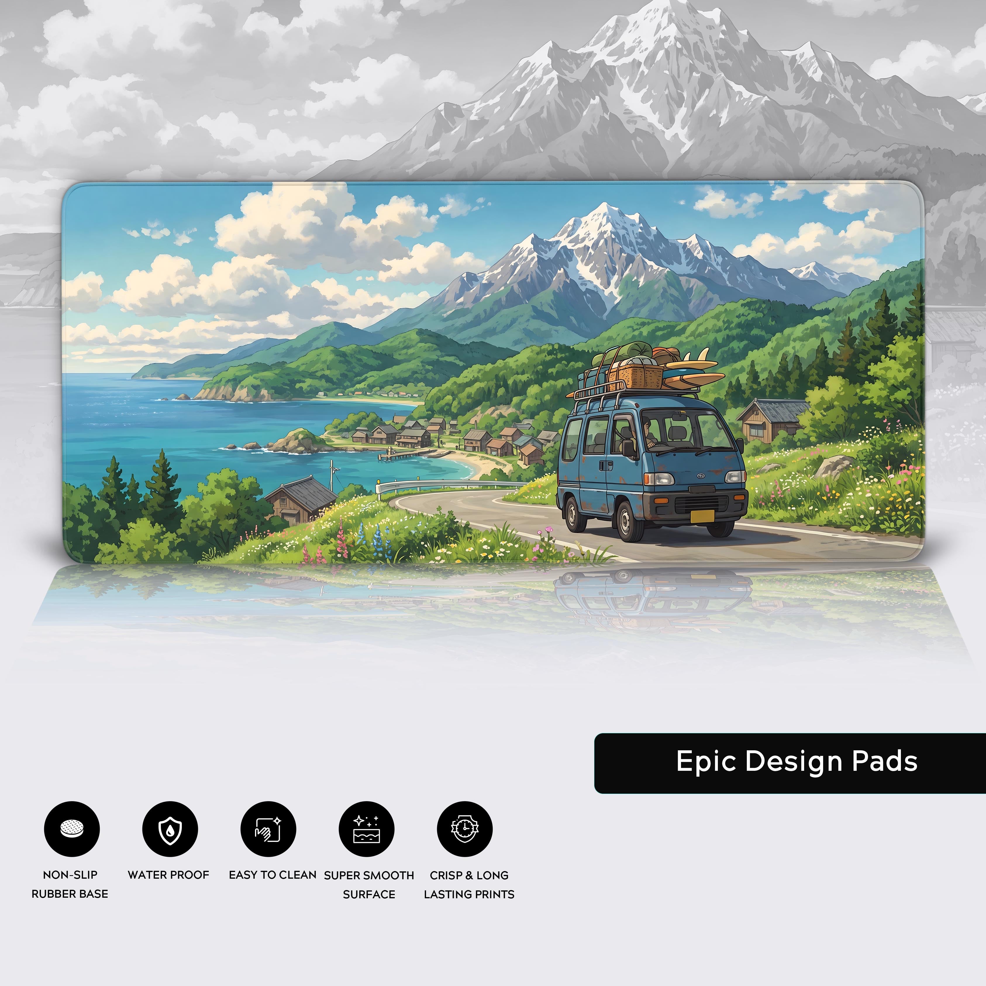 Close-up of smooth waterproof desk mat surface featuring coastal village art
