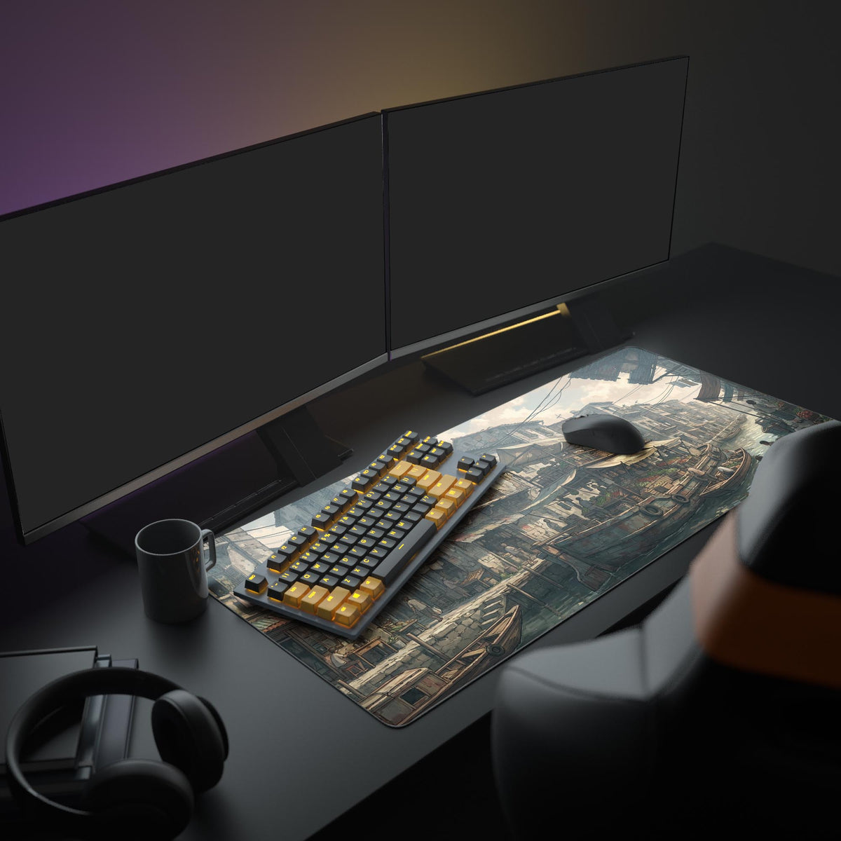 A modern PC setup featuring the 'Canal Commerce' XL mouse pad, which depicts a bustling vintage canal market under a large monitor and gaming peripherals. - Epic Design Pads & Mousepads