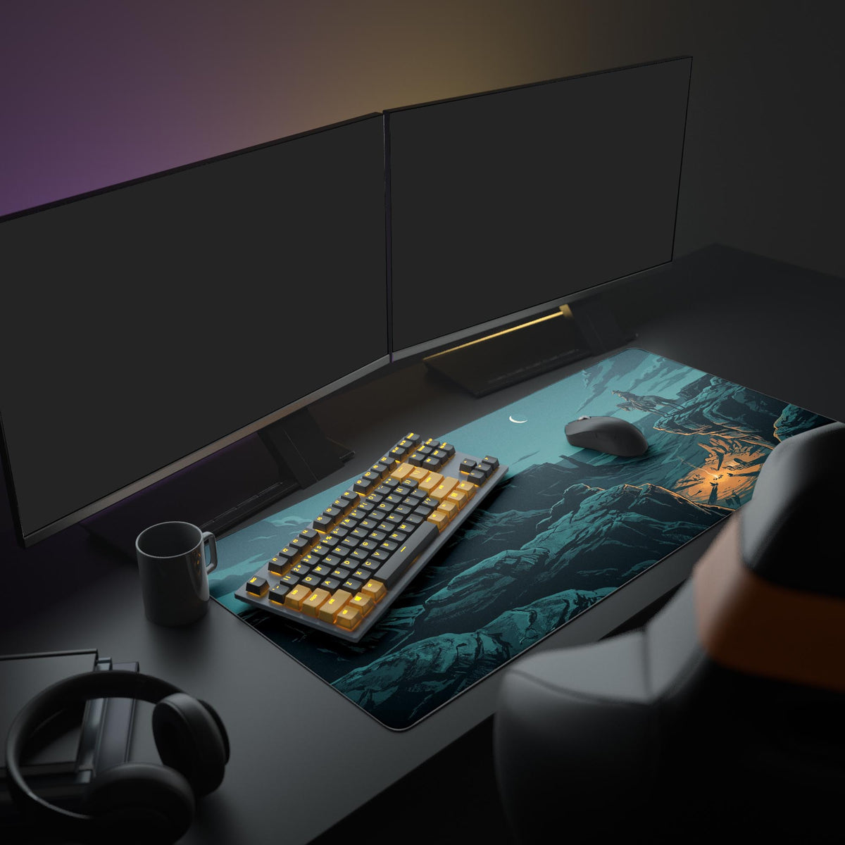 A full gaming setup featuring the Canyon Sentinel mouse pad, which displays a vast Western landscape. The setup includes a large monitor, keyboard, and mouse, creating a cohesive aesthetic. - Epic Design Pads & Mousepads
