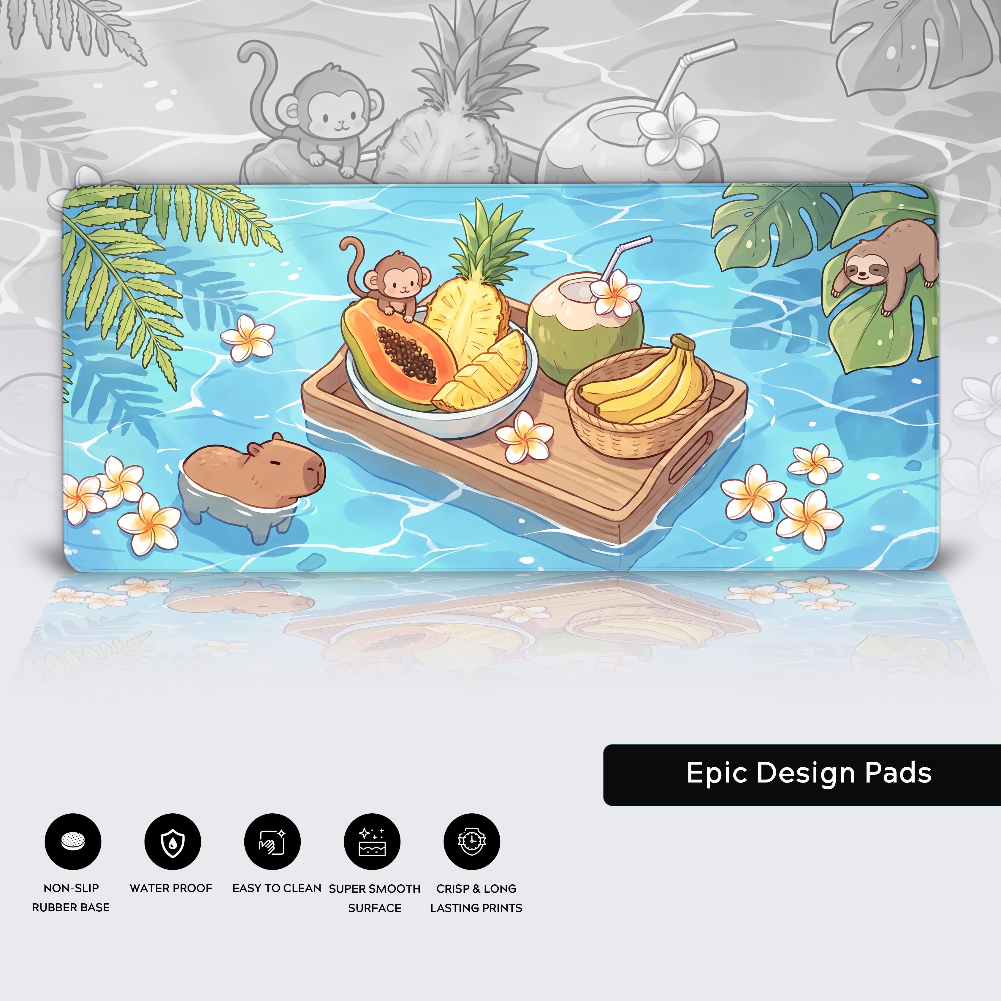 Clear blue water background with floating plumeria flowers and subtle ripples reflecting light in a tropical setting.