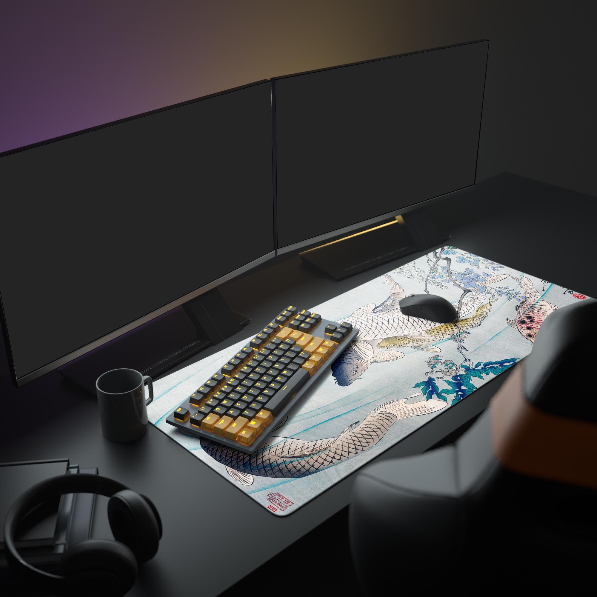 Large Japanese desk mat with koi fish design shown in an aesthetic office setup with dual monitors, a mechanical keyboard, and headphones, creating a tranquil workspace. - Epic Design Pads & Mousepads