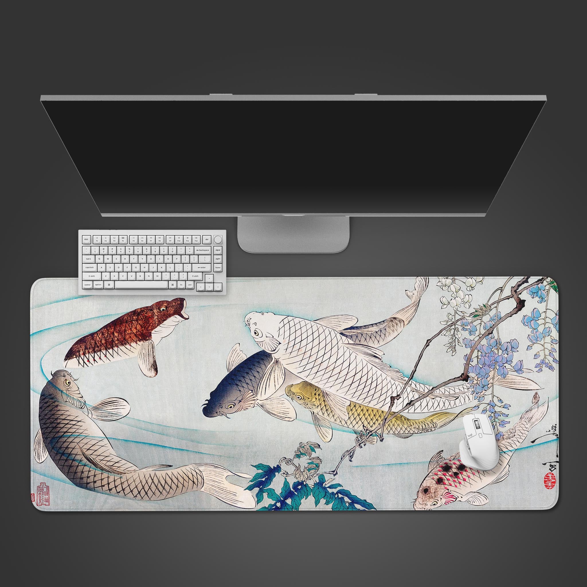 Japanese desk mat with Ukiyo-e 'Carp with Wisteria' art. Top-down desktop view showing the light-blue design with a keyboard and mouse, highlighting its large size. - Epic Design Pads & Mousepads
