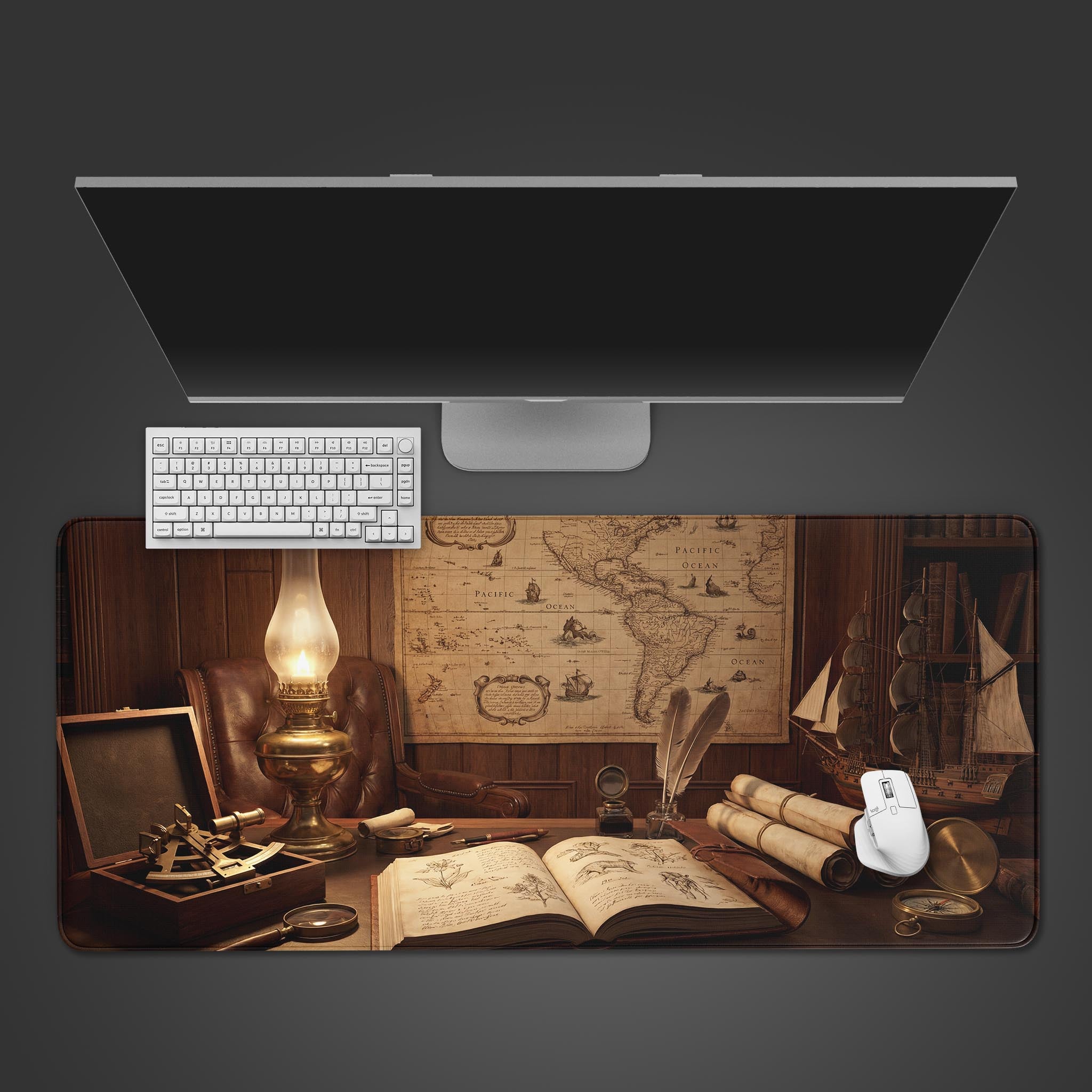 Top-down view of the Cartographer's Study gaming desk mat, showing the vintage map and scholar's tools under a modern monitor and keyboard. - Epic Design Pads & Mousepads