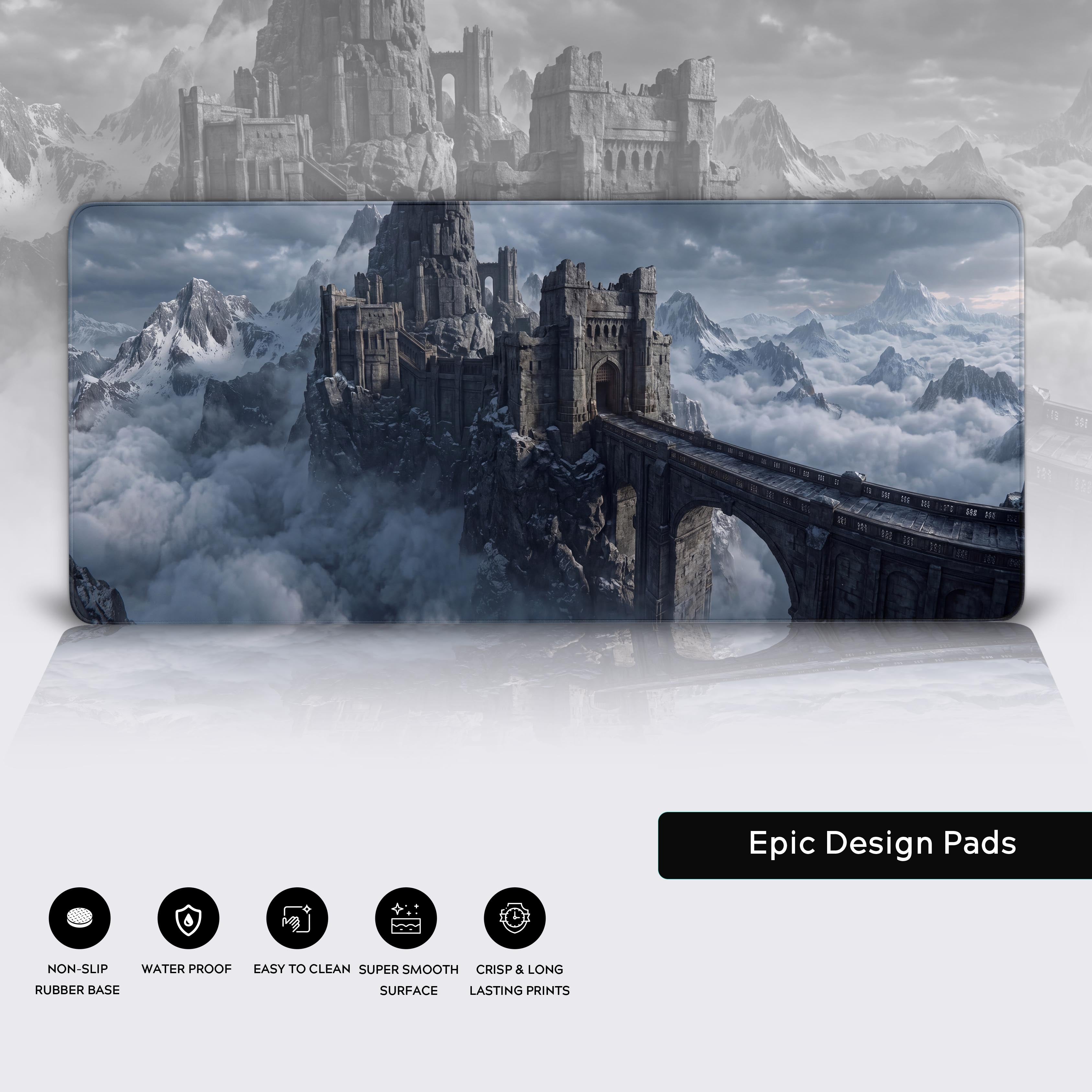Composite view of the dark fantasy castle desk mat showcasing the epic scale of the architecture