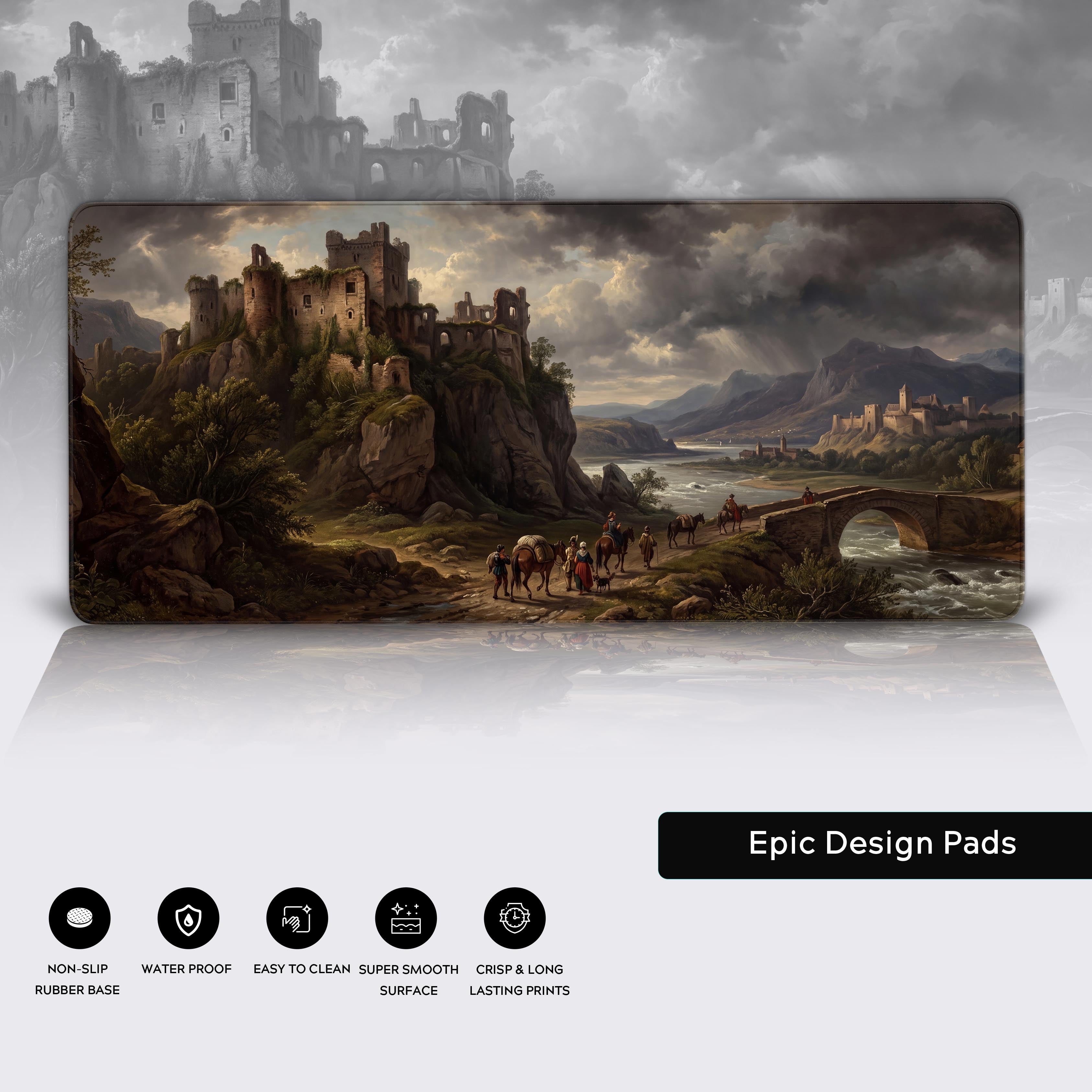 Product features infographic for the desk mat showing icons for non-slip rubber base, water proof, easy to clean, super smooth surface, and crisp prints.