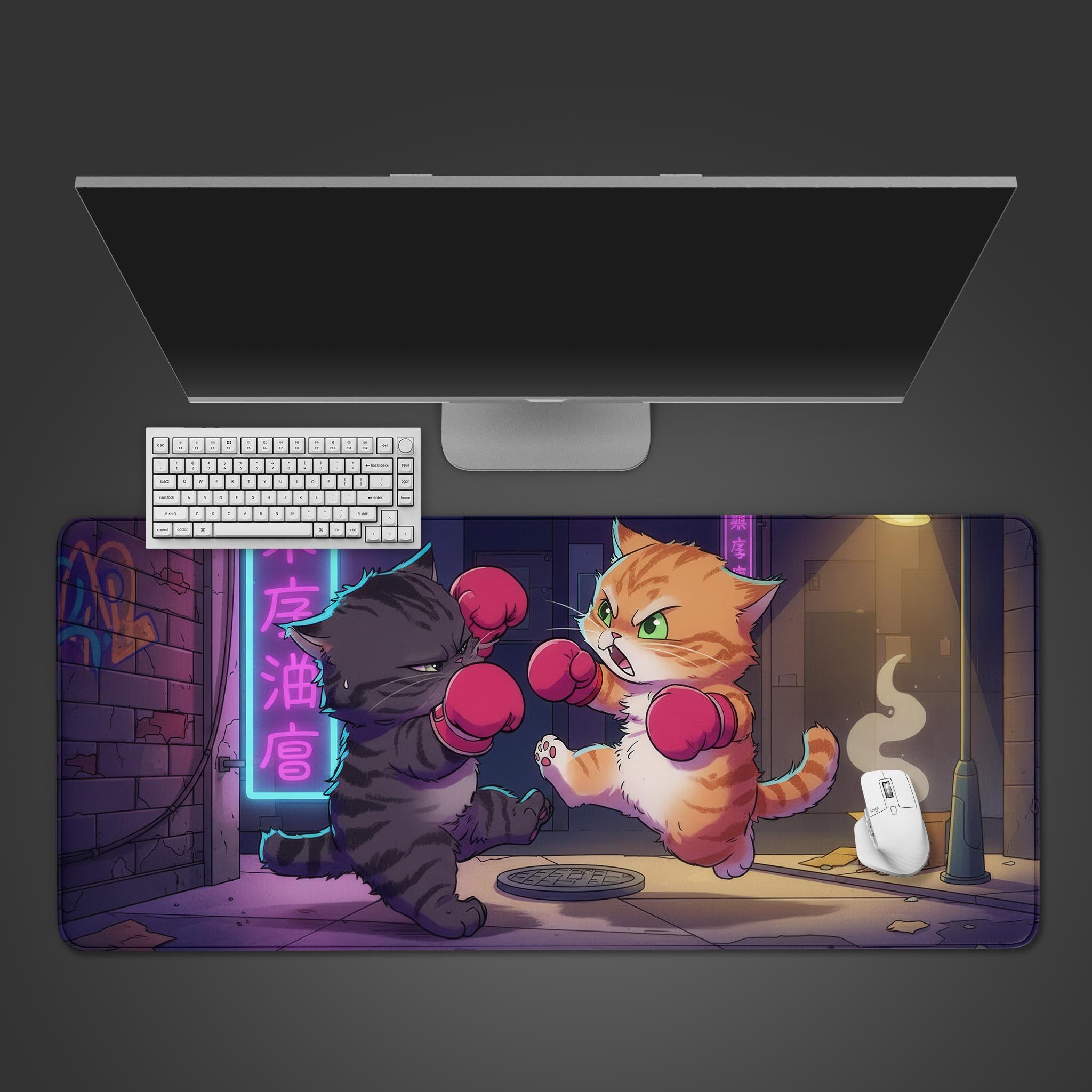 Feline Fisticuffs gaming desk mat featuring two cartoon kittens boxing in a neon-lit urban alley - Epic Design Pads & Mousepads