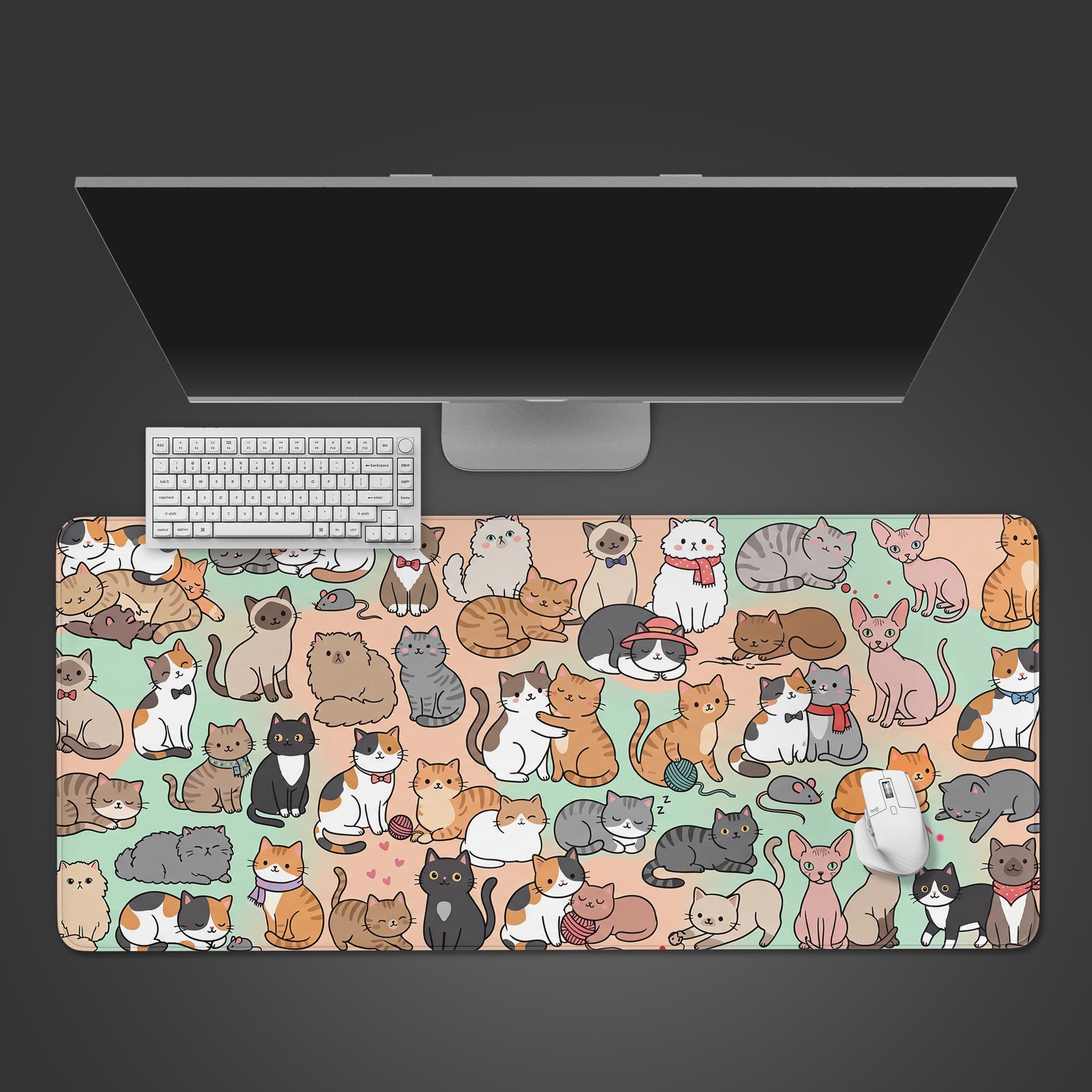 Kawaii Kitties desk mat featuring a cute pastel pattern of various cat breeds.
