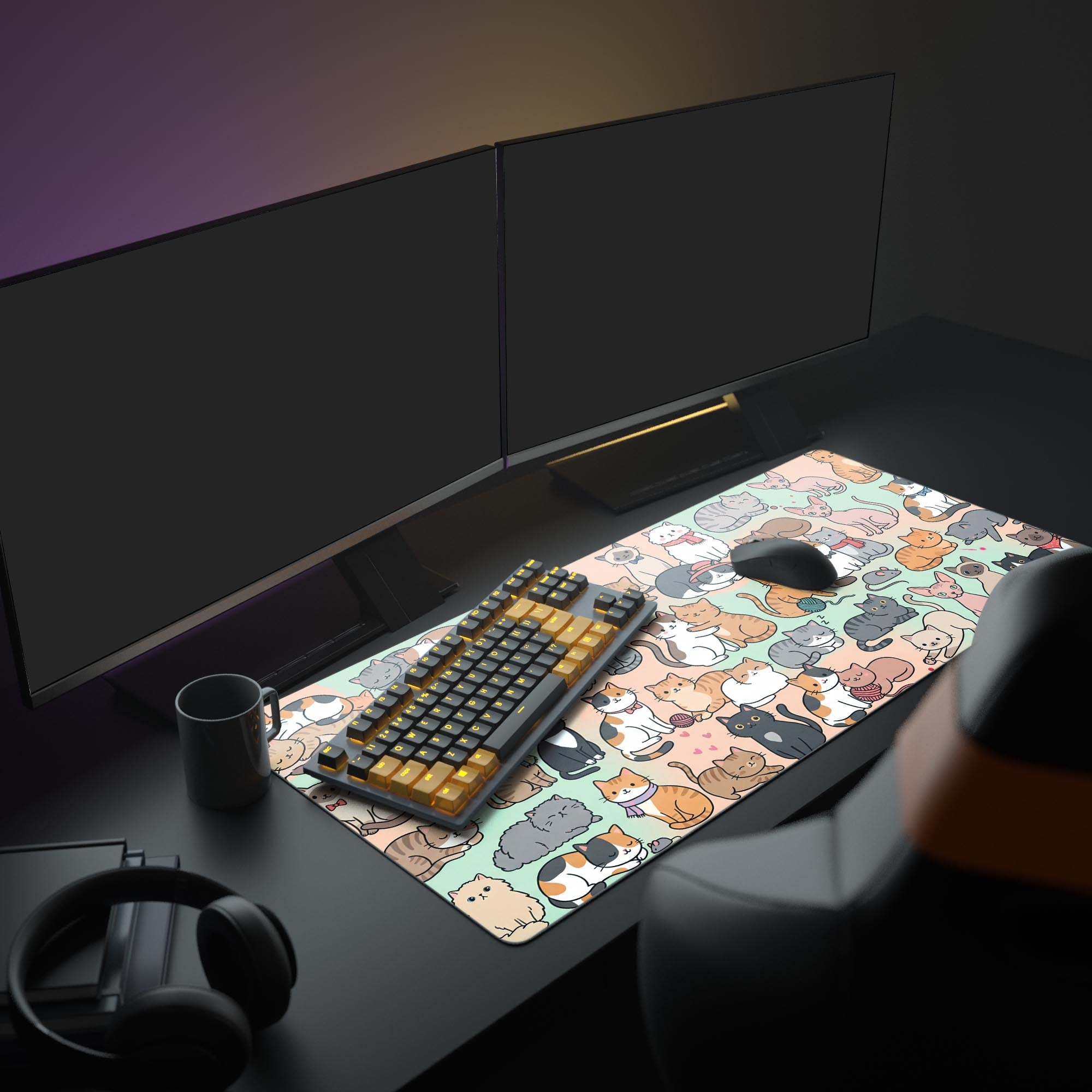 Close up of adorable cartoon cats on a smooth extended gaming mouse pad.