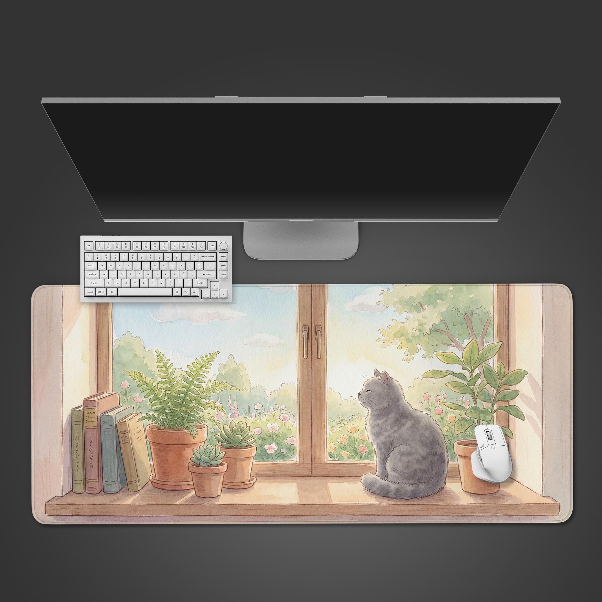 Cozy Window Cat watercolor desk mat featuring a grey cat looking out at a sunny garden