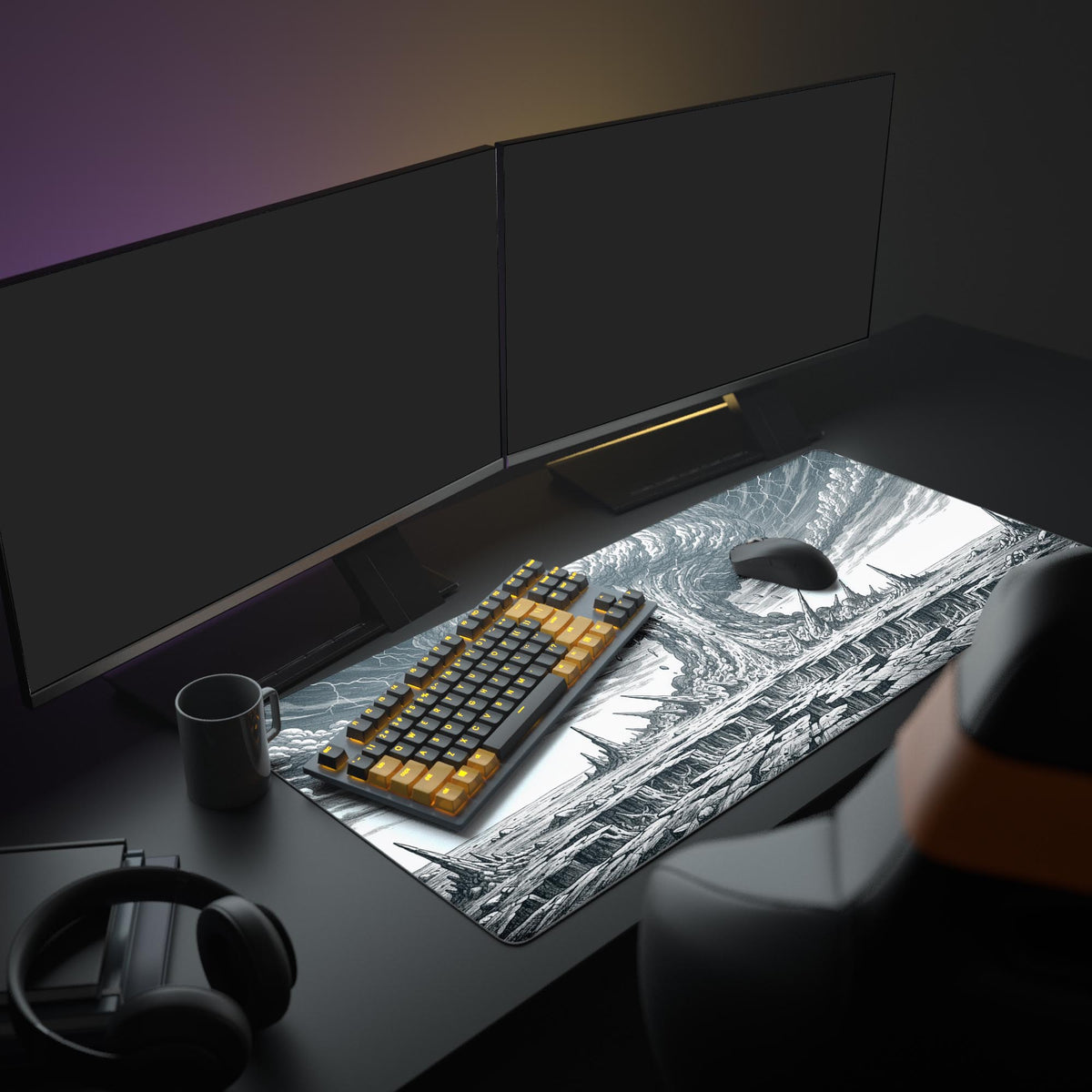 Large gaming desk mat with cataclysmic explosion art, featured in a sci-fi gaming setup with dual monitors and headphones. - Epic Design Pads