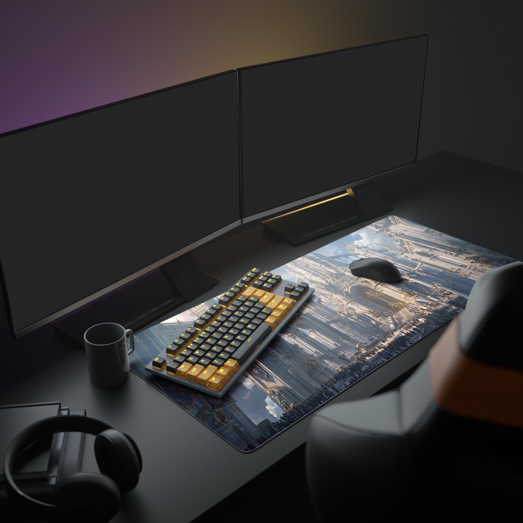 Close-up view of the majestic white marble arches and gold detailing on the fantasy cathedral desk mat