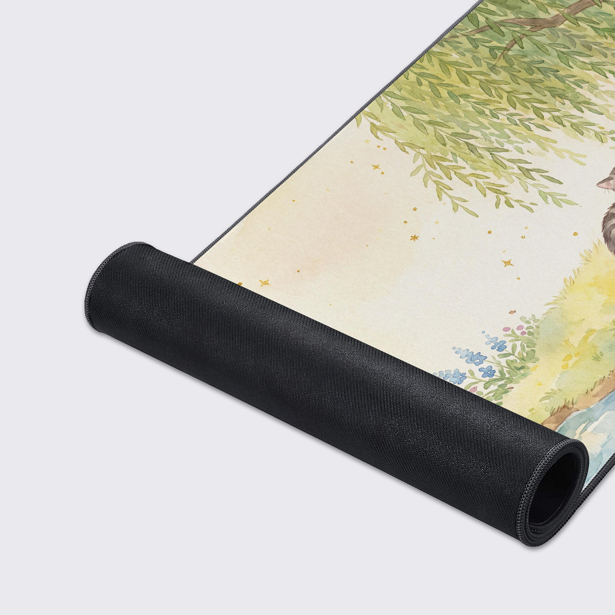Showcase of the waterproof and non-slip rubber base features of the cottagecore nature XL mouse pad.