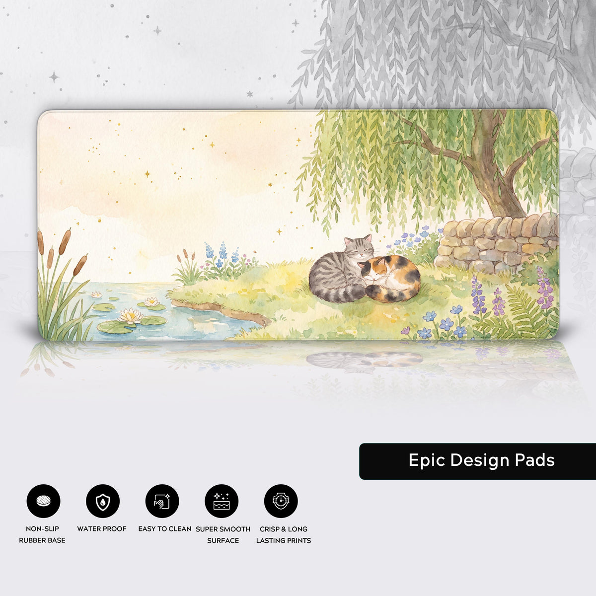 Cozy pastel aesthetic gaming setup enhanced by the tranquil Willow Cats watercolor desk mat.