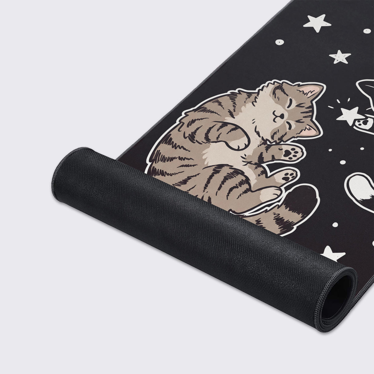 Detailed illustration of a playful black and white kitten reaching for a glowing star.