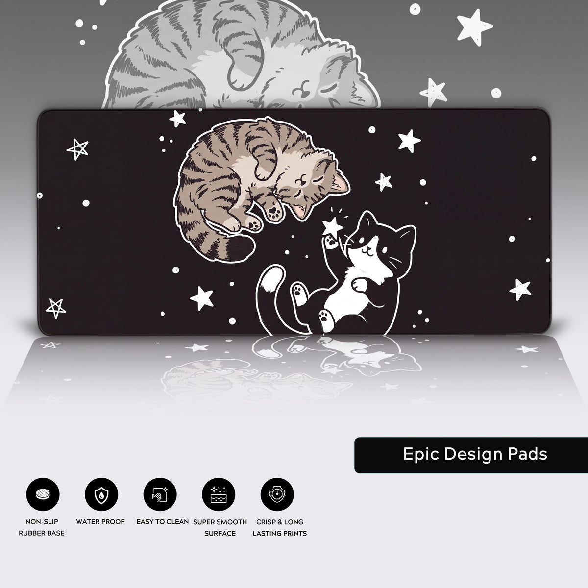Product showcase of the cute celestial cats desk mat floating over a reflective surface.