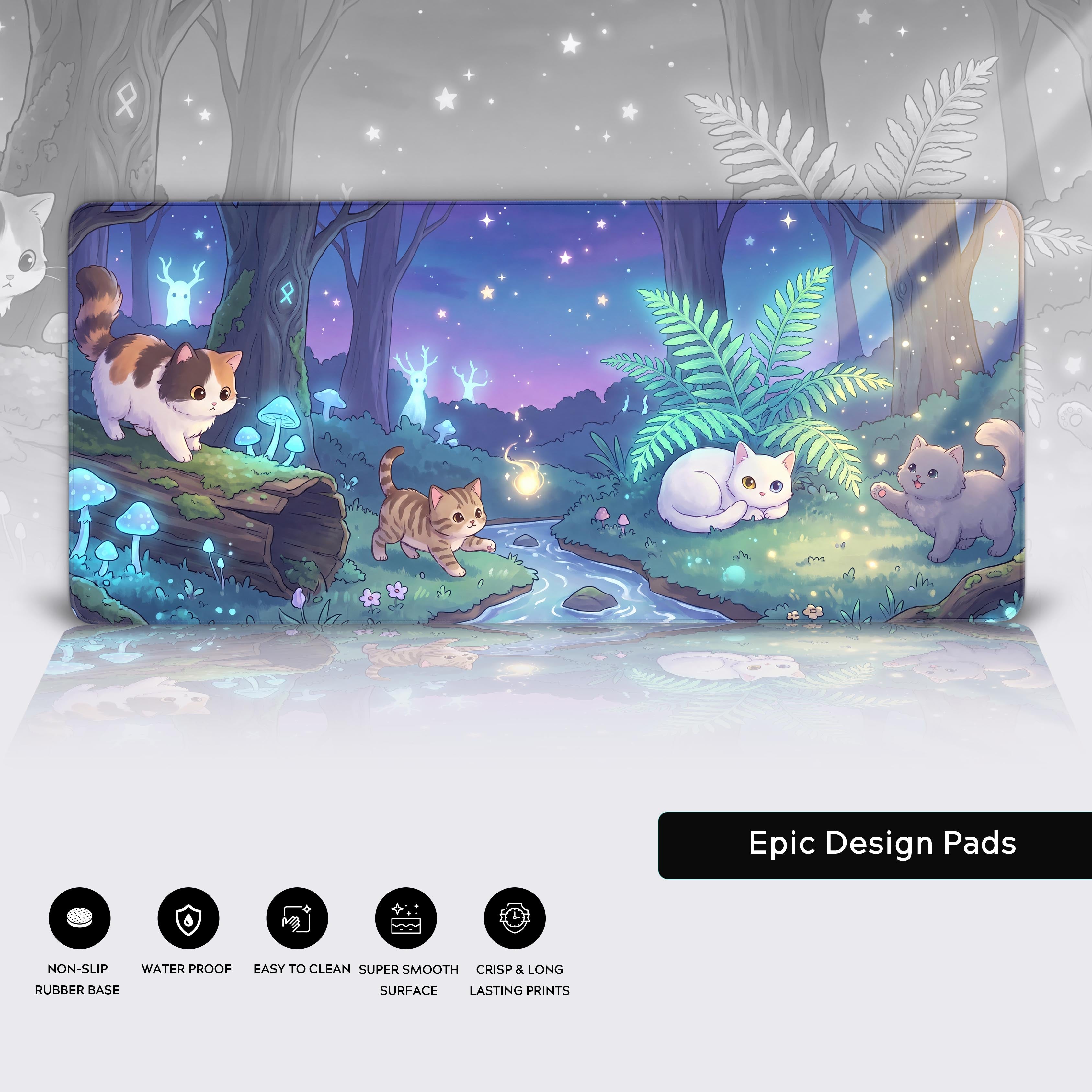 A gray kitten playing with magical floating wisps under a starry night sky in an enchanted woodland setting.