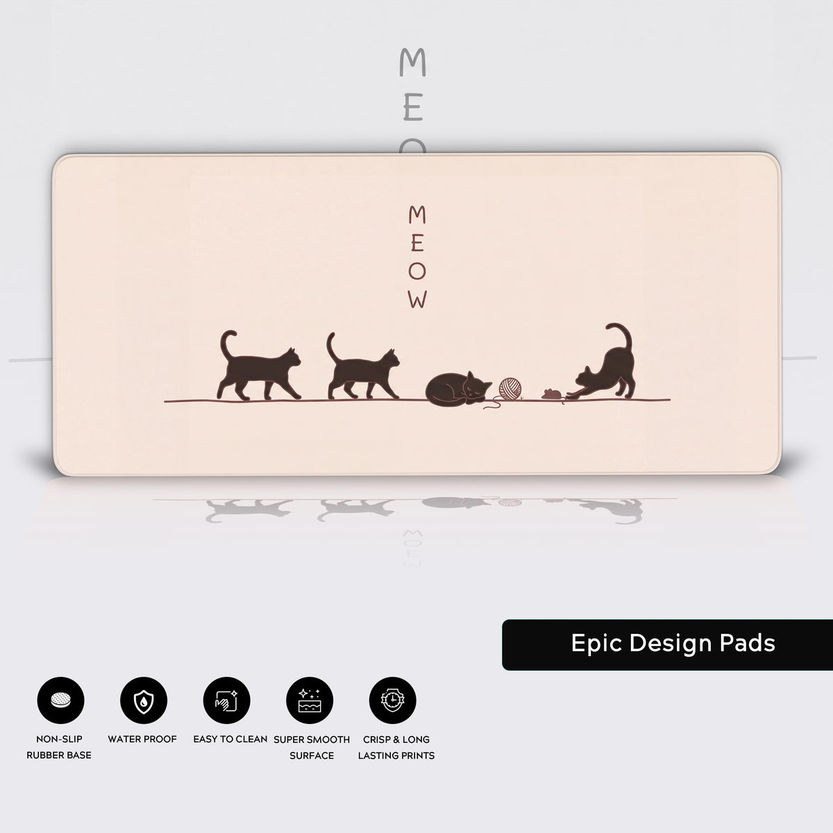 A cozy desk mat design showing playful cat silhouettes against a clean cream background.