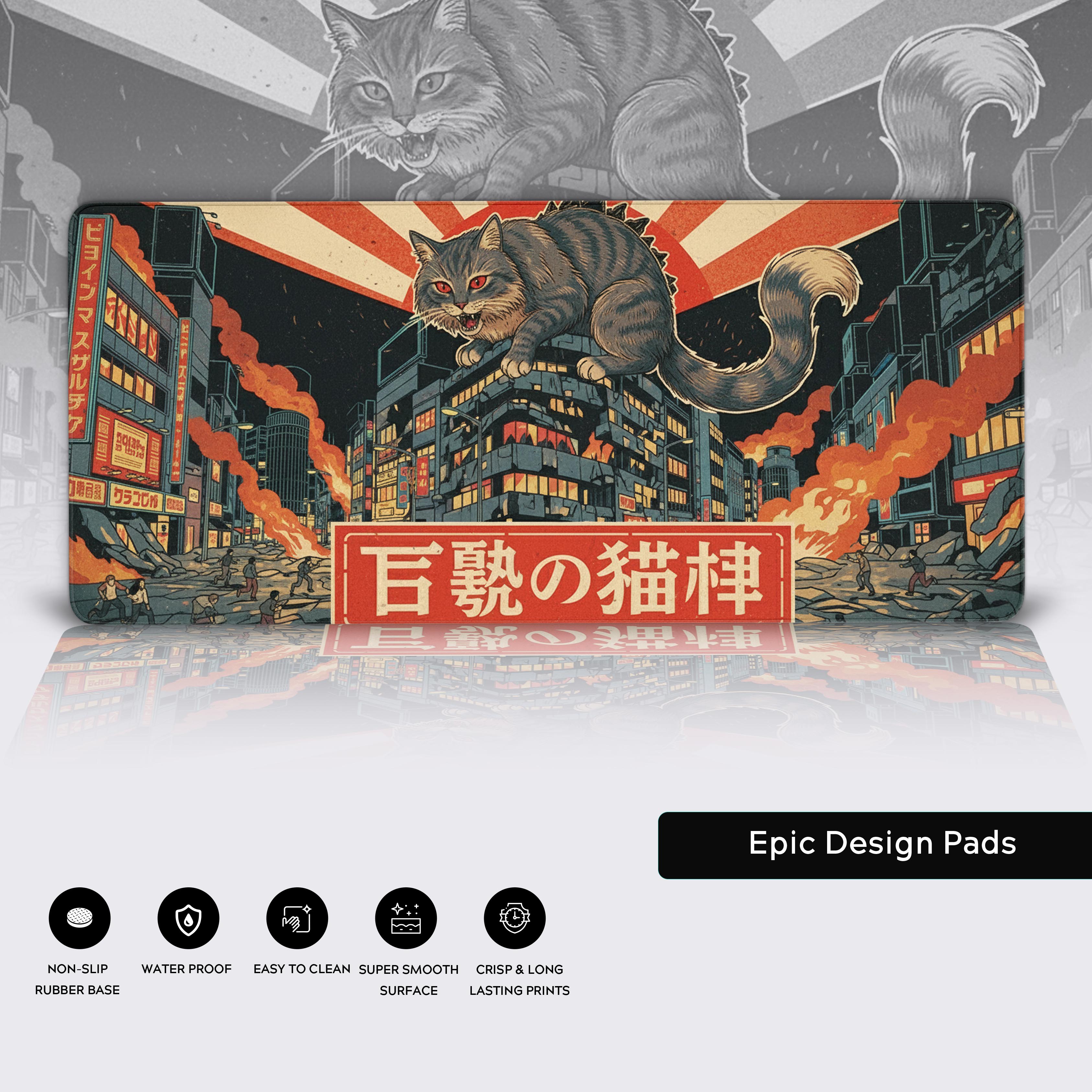 Catzilla desk mat showcasing durable stitched edges, a smooth fabric surface, and a non-slip rubber base for precision gaming. - Epic Design Pads