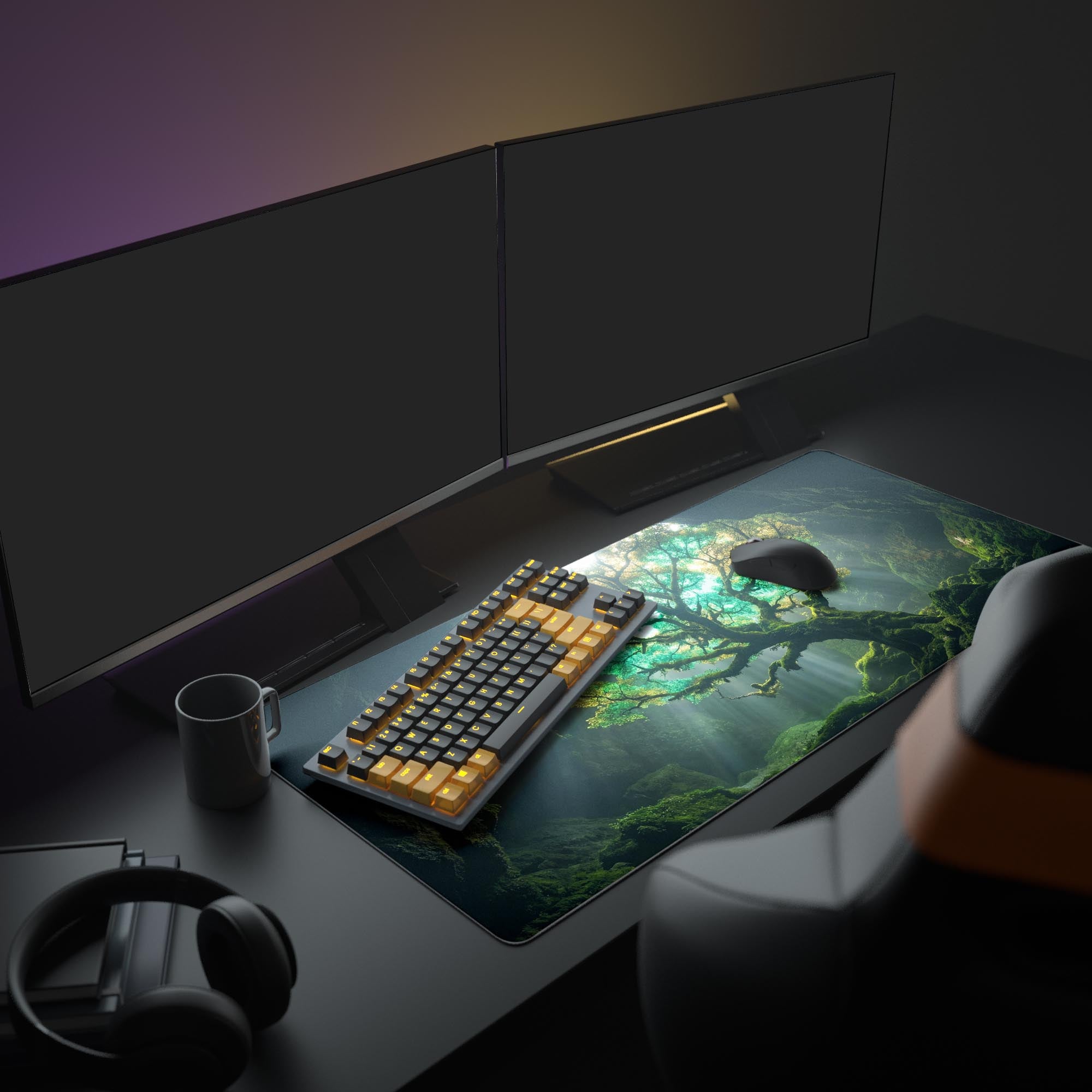The Cavern Light mouse pad displayed in a full gaming setup, its vibrant green forest scene complementing a modern PC battlestation with multiple monitors and peripherals. - Epic Design Pads & Mousepads