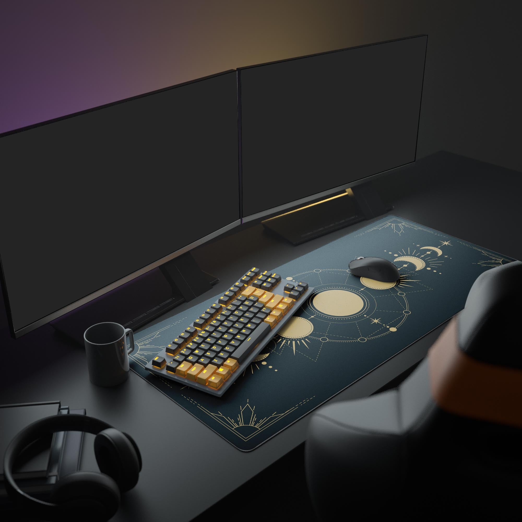 Large celestial desk mat with cosmic alchemy symbols, featured in a spiritual home office setup with dual monitors, plants, and headphones. - Epic Design Pads & Mousepads