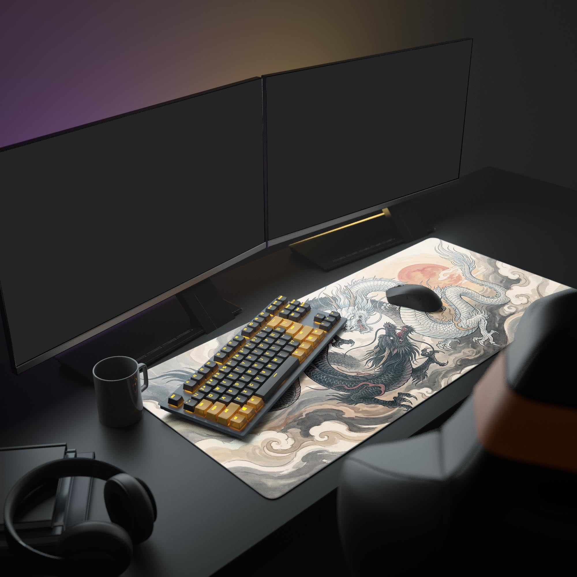 A complete PC gaming setup featuring the Celestial Duality Mouse Pad, with its black and white dragon art anchoring the aesthetic alongside glowing peripherals. - Epic Design Pads & Mousepads